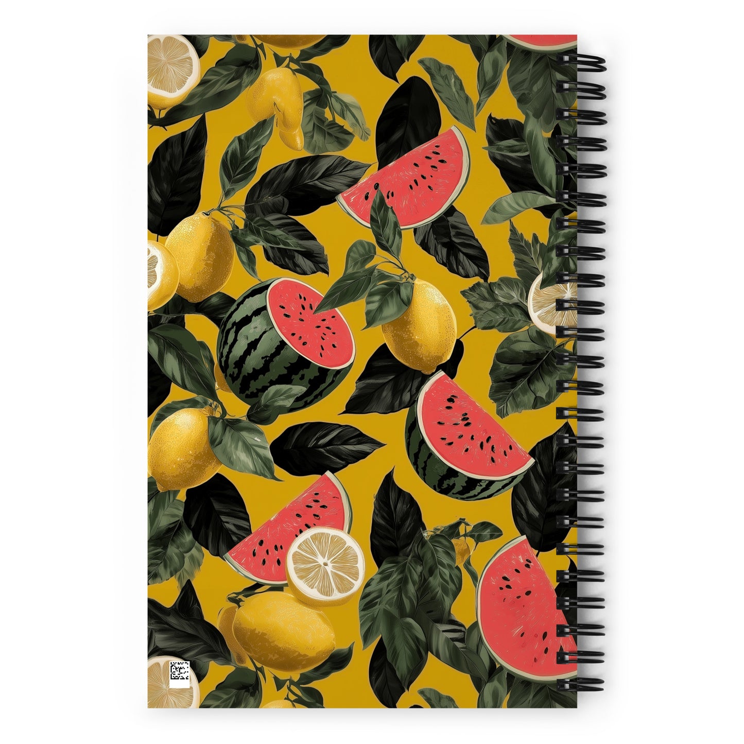 Spiral notebook with pattern of watermelon and lemons on a white background. 
