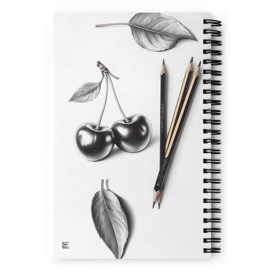 Spiral-bound notebook with black and white illustrations of cherries and leaves, accompanied by two pencils.