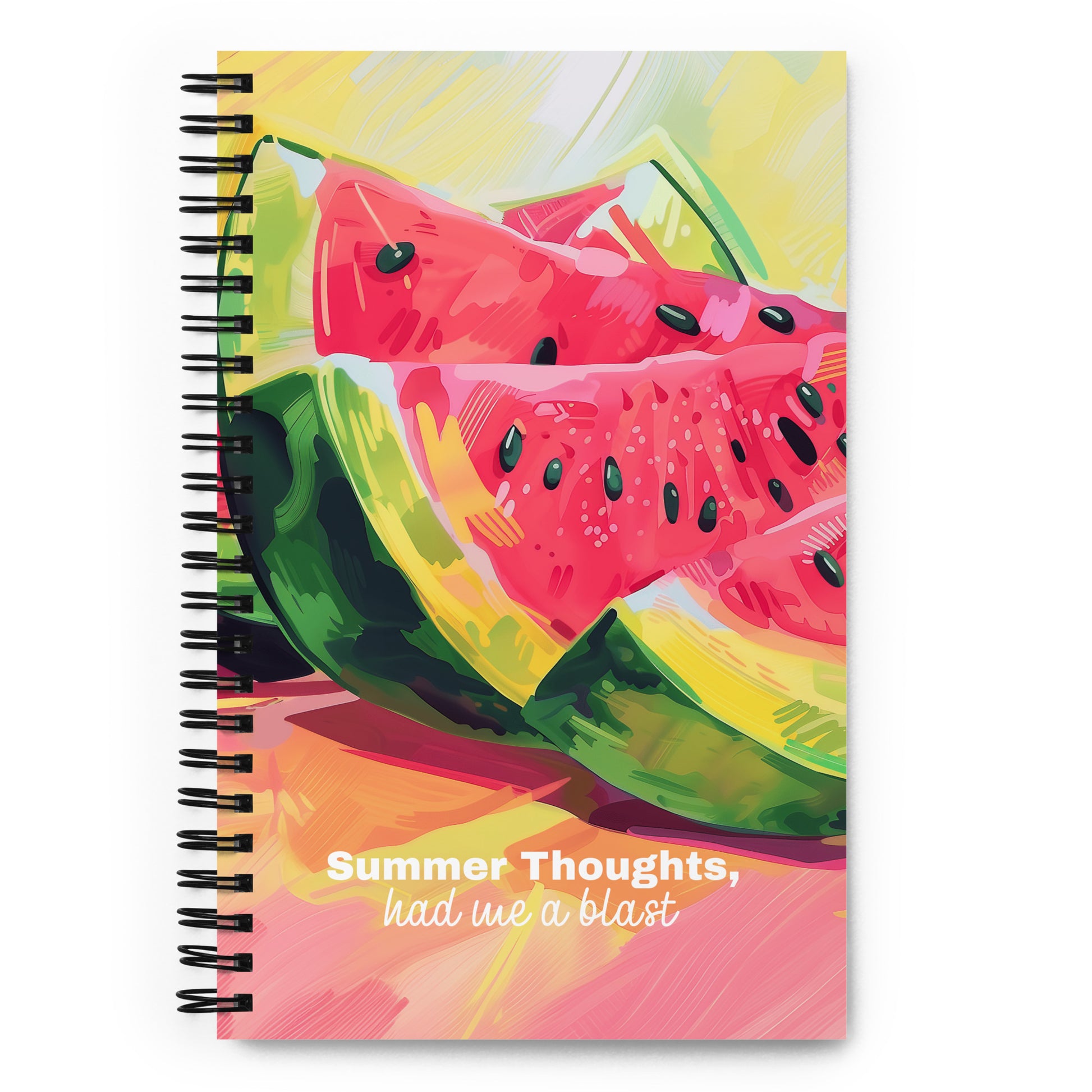 Spiral notebook with a colorful watermelon design and text 'Summer Thoughts, had me a blast' on a white background. 