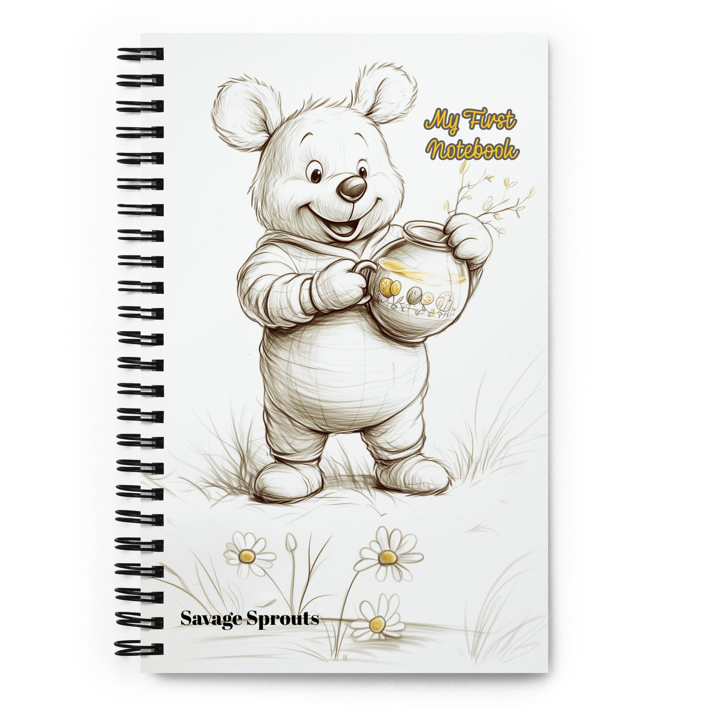 Spiral notebook with a bear illustration holding a jar, titled 'My First Notebook' by Savage Sprouts.