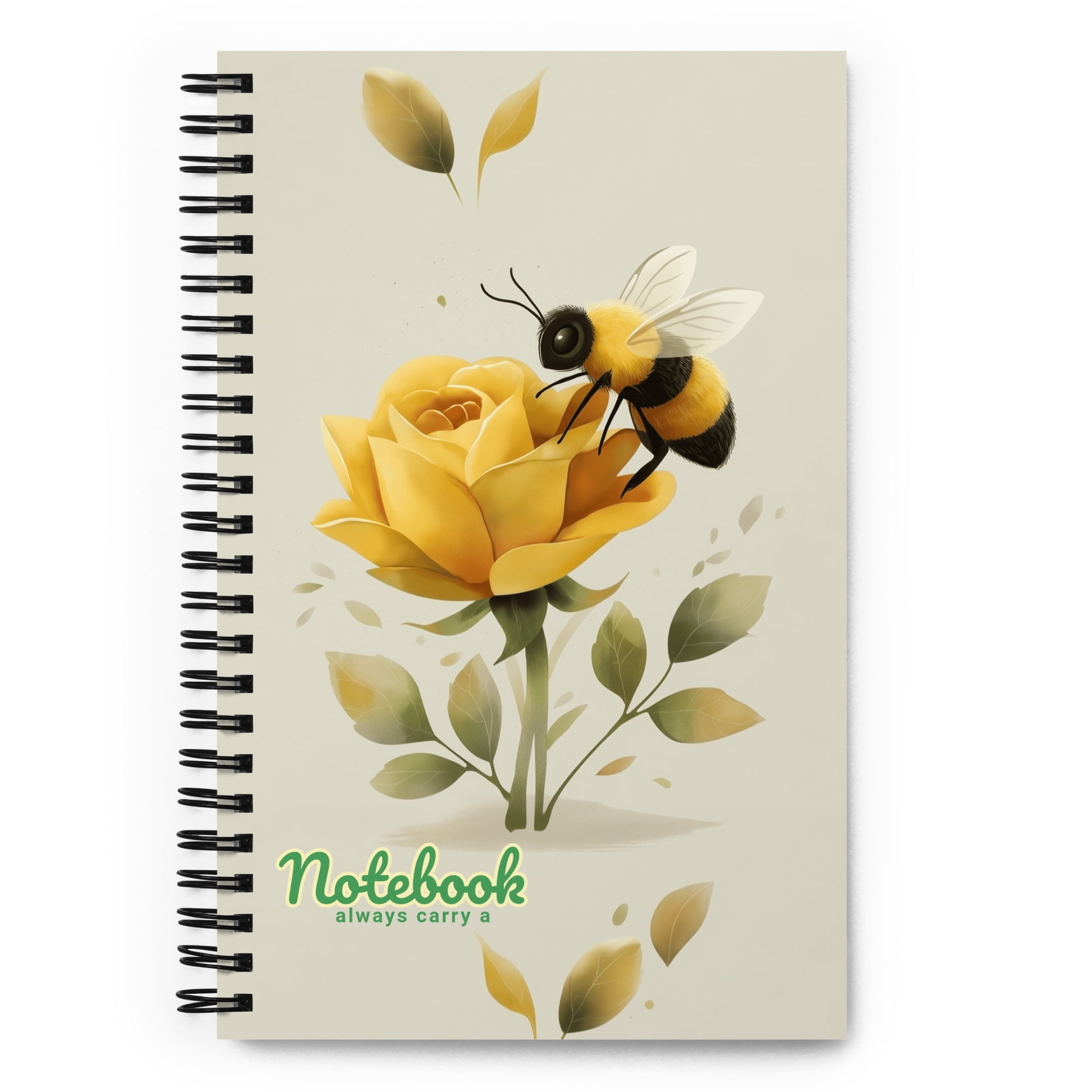 Spiral notebook with a design of a bee on a yellow rose with the text 'Always carry a notebook', on a white background.