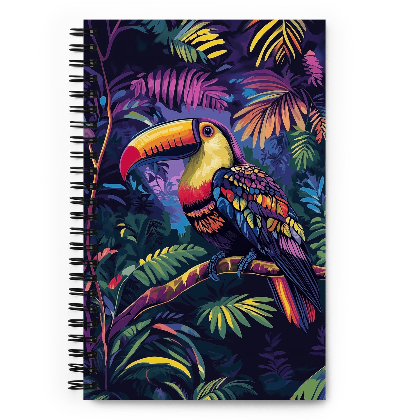 Spiral notebook with a colorful toucan and tropical leaves design on a white background. 