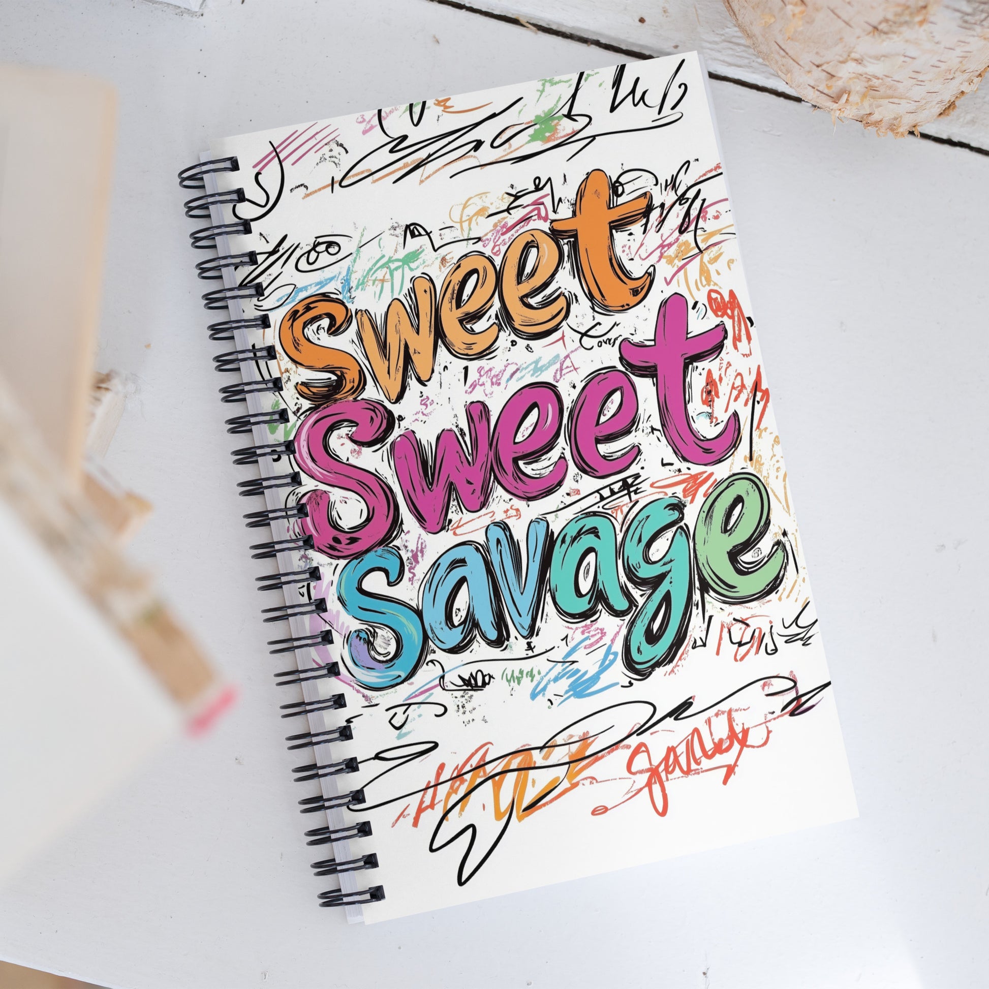 A5 spiral dotted notebook featuring a colorful, vibrant Sweet Sweet Savage typography design on a silky soft-touch cover.