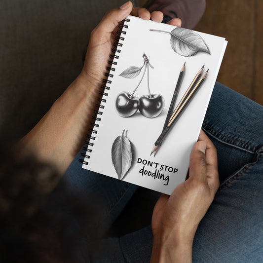spiral notebook with grayscale cherries and pencils by Sweet and Savage