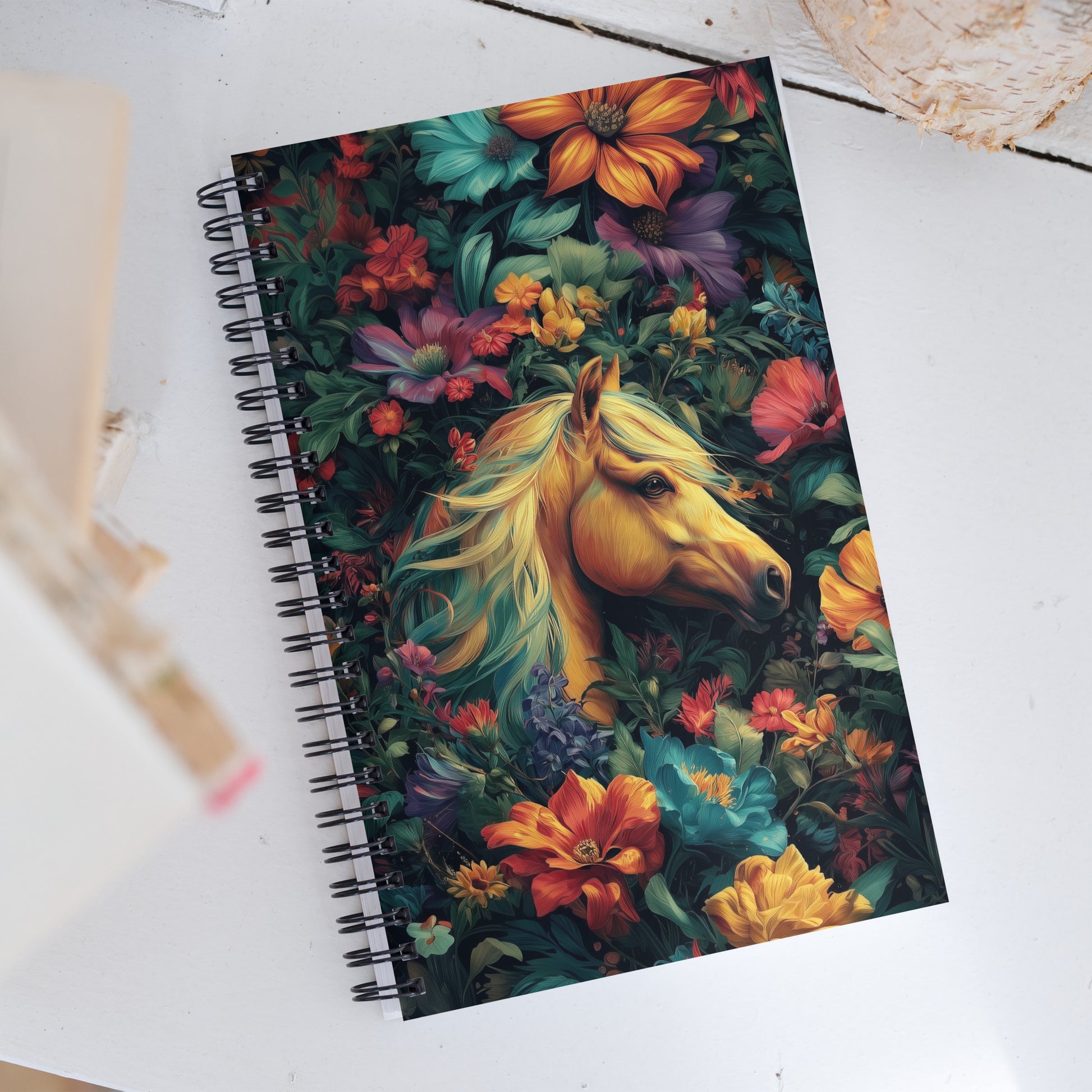 Soft-touch spiral notebook featuring a colorful, majestic horse artistic design.