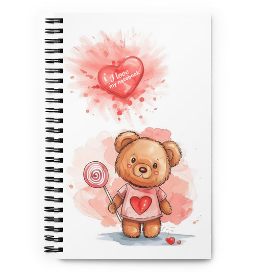 spiral notebook with a bear holding a lollipop and a red heart which says "I Love My Notebook" by Sweet & Savage