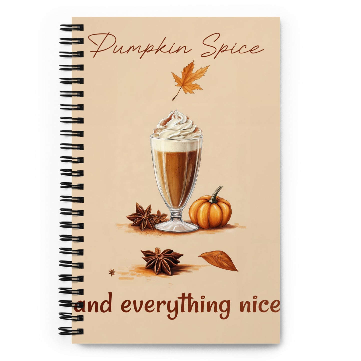 Spiral notebook with pumpkin spice design featuring a glass of pumpkin spice latte, pumpkins, and leaves on a beige background by Sweet and Savage. 