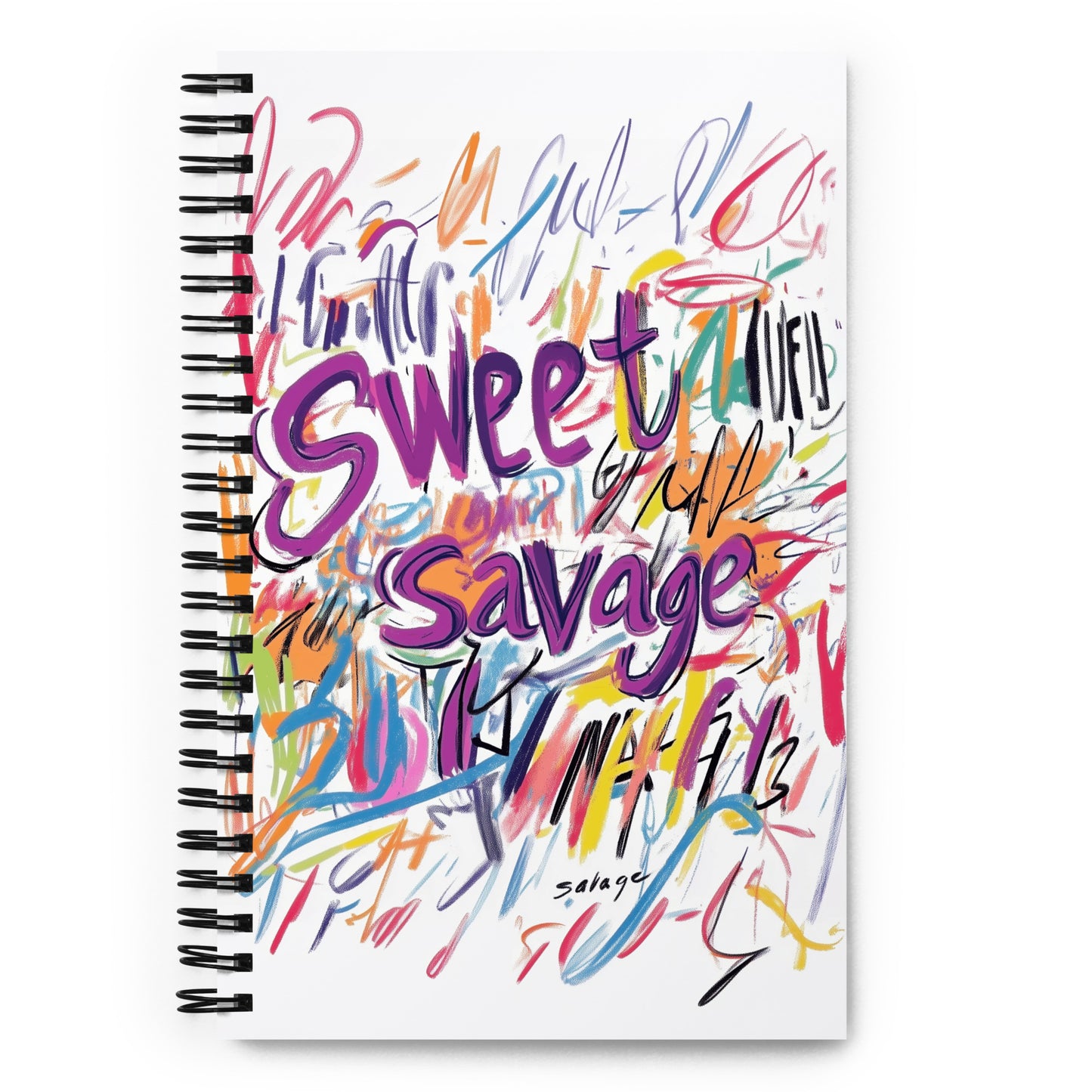 Spiral notebook with a white background featuring vibrant purple and multi-colored "Sweet Savage" artistic typography and expressive scribbles.