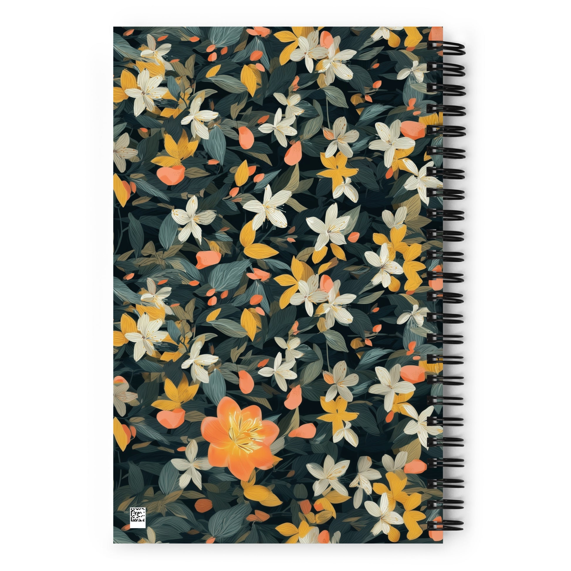 Spiral notebook with a dark background featuring a vibrant pattern of mint leaves and jasmine flowers by Sweet & Savage