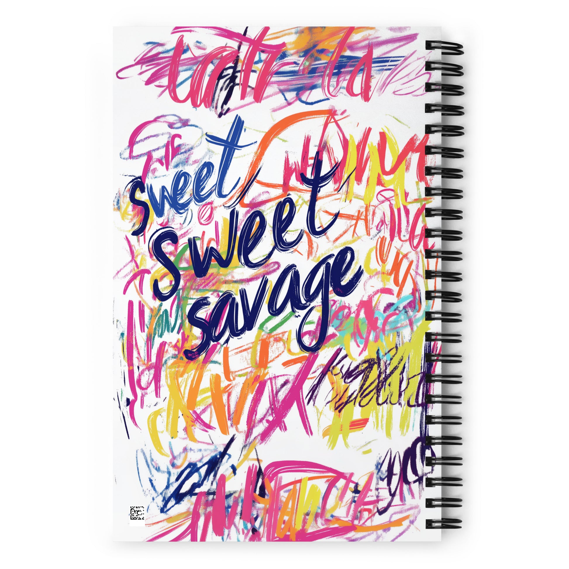 Spiral notebook featuring a vibrant, multicolored "Sweet Sweet Savage" abstract artistic design with expressive scribbles and bold colors. mockup