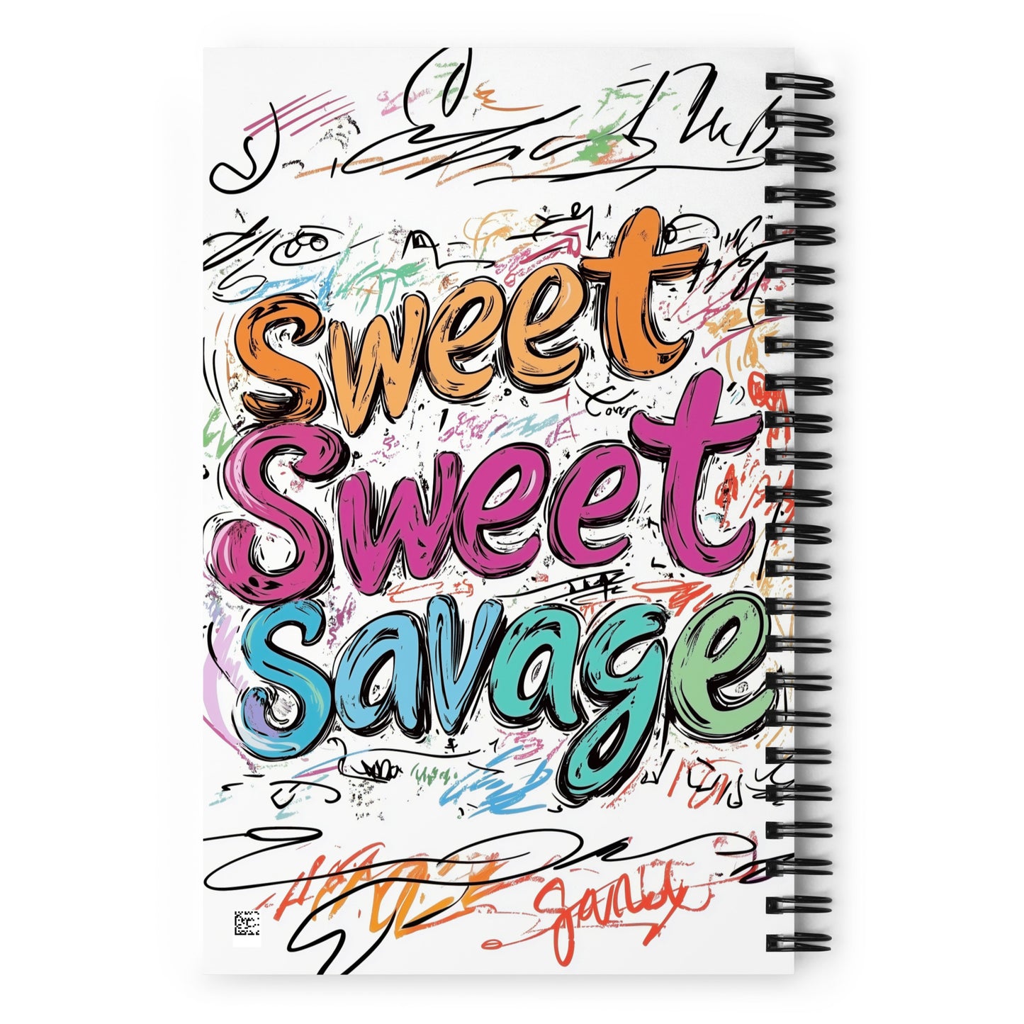 Spiral notebook featuring a vibrant, multicolored "Sweet Sweet Savage" typographic design with graffiti-style elements. mockup