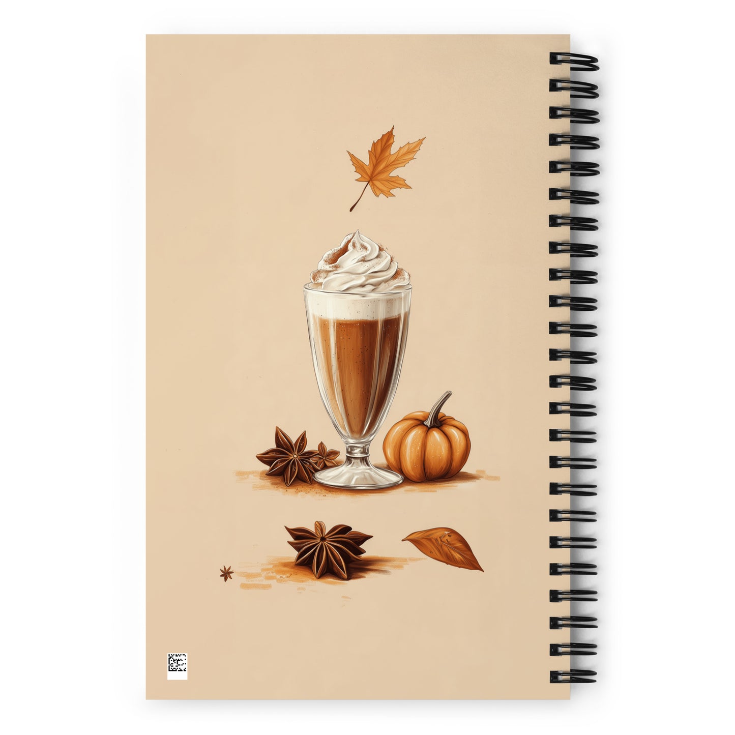 Spiral notebook with pumpkin spice design featuring a glass of pumpkin spice latte, pumpkins, and leaves on a beige background by Sweet and Savage. 