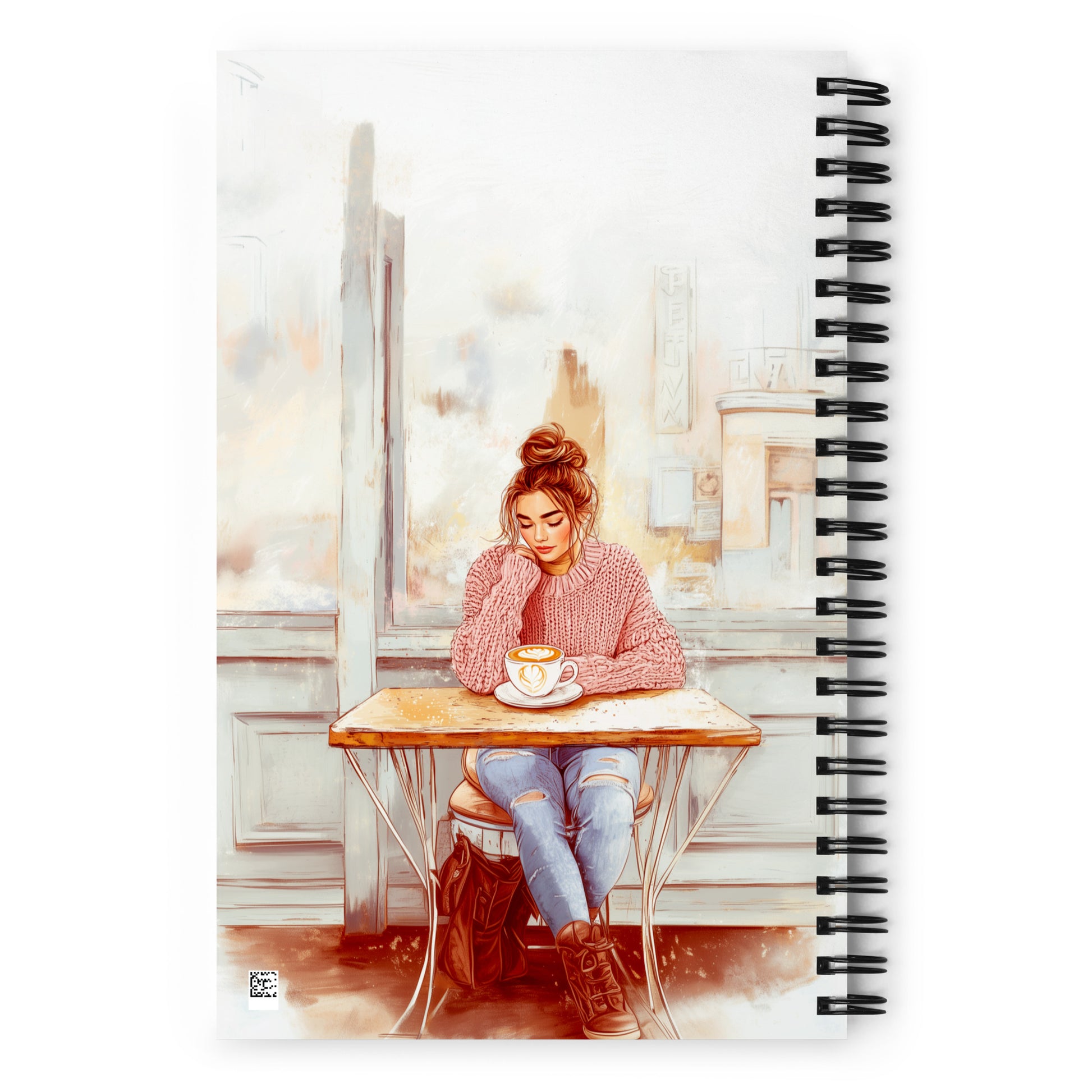 Spiral notebook with 'Leaves Are Falling, Coffee Is Calling' autumn illustration. Mockup shows a girl in a pink sweater at a café. Premium stationery for journaling and sketching.