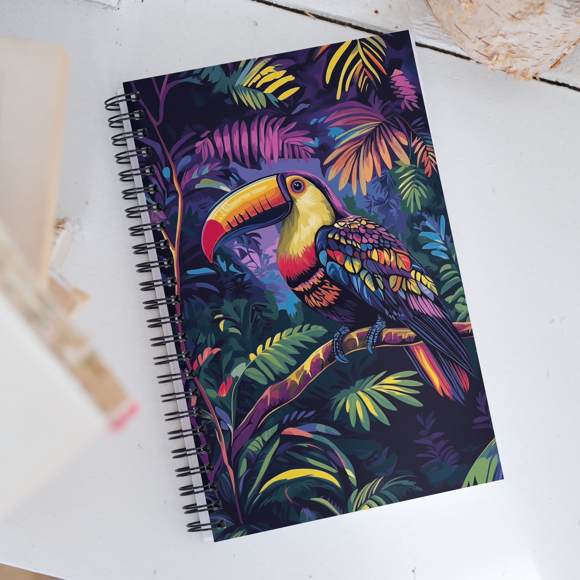 Hardcover notebook featuring a striking, artistic toucan design with vibrant tropical colors by Sweet & Savage.