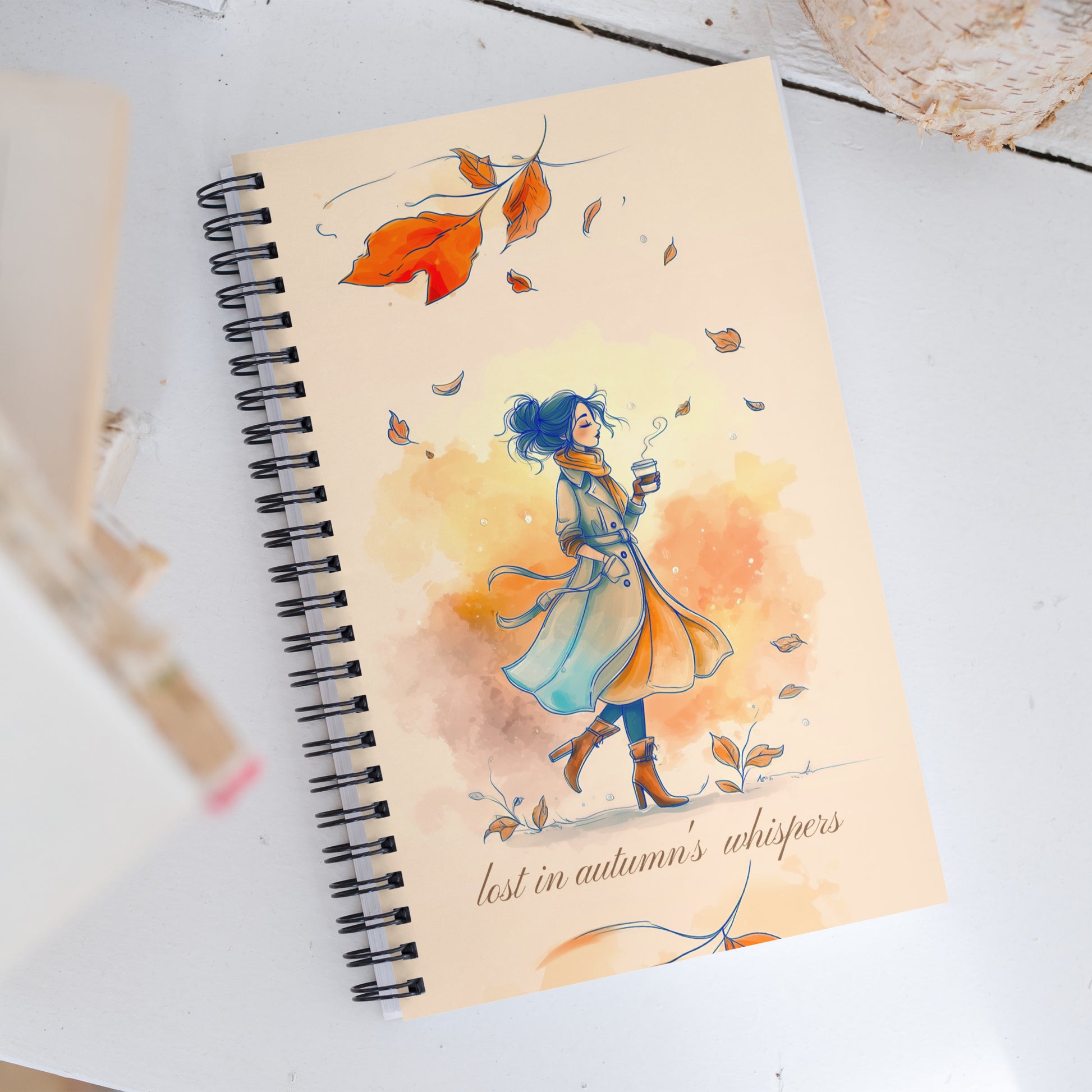Notebook with a colorful illustration of a young woman in an autumn setting on a white surface.