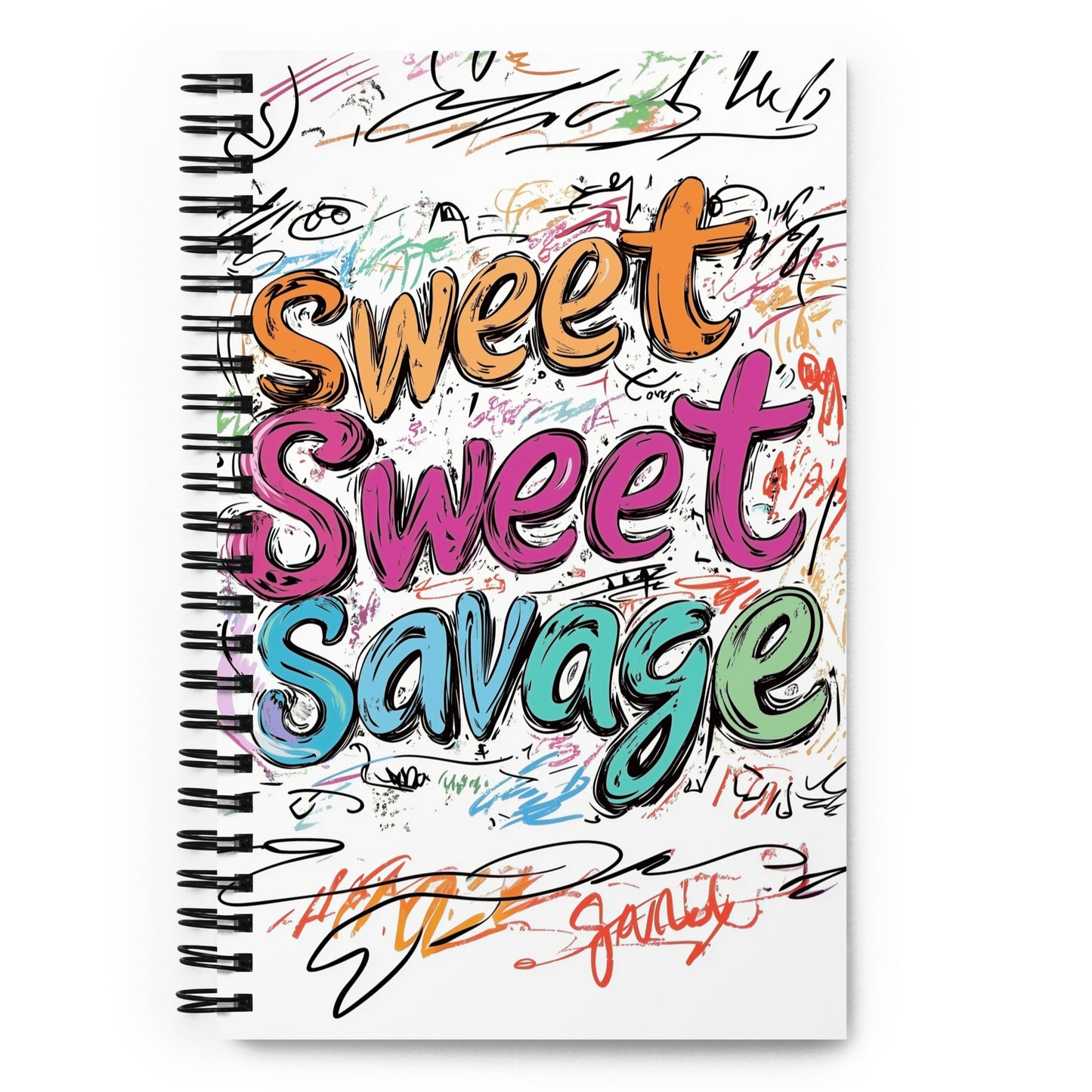 Spiral notebook featuring a vibrant, multicolored "Sweet Sweet Savage" typographic design with graffiti-style elements.