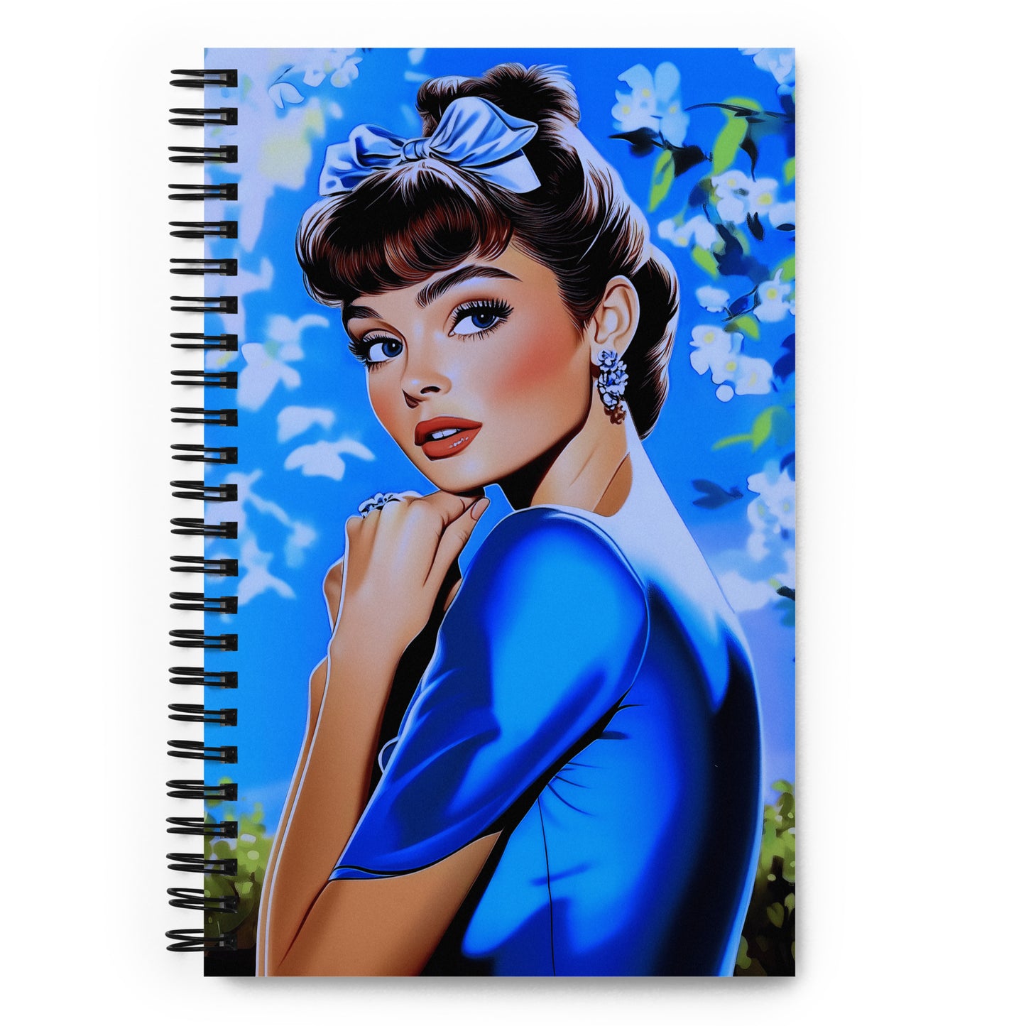 Spiral notebook with a secret garden floral and style icon graphic.