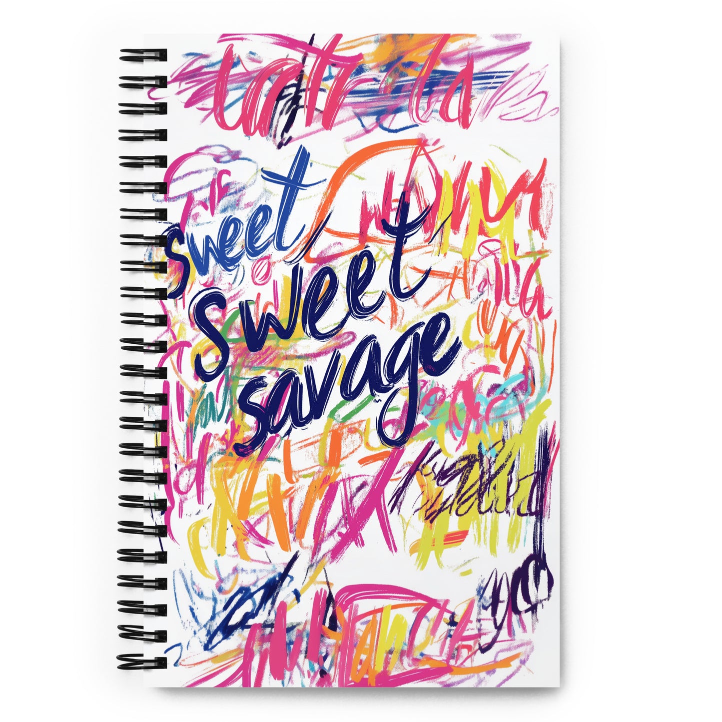 Spiral notebook featuring a vibrant, multicolored "Sweet Sweet Savage" abstract artistic design with expressive scribbles and bold colors.