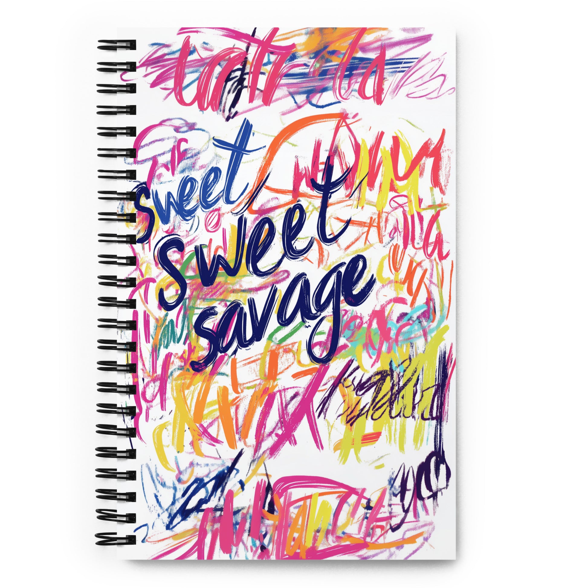 Spiral notebook featuring a vibrant, multicolored "Sweet Sweet Savage" abstract artistic design with expressive scribbles and bold colors.