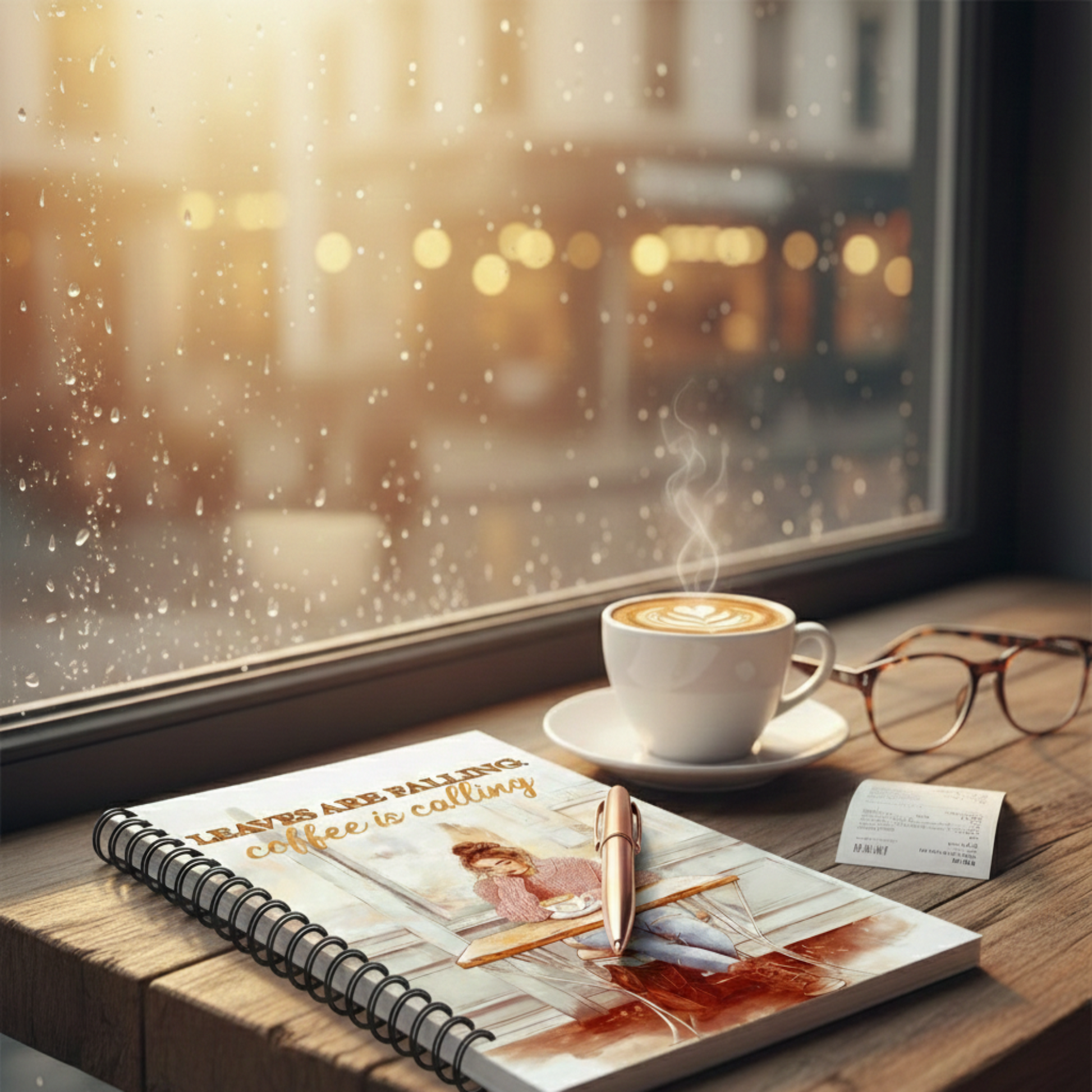 Lifestyle mockup of an autumn-themed spiral notebook on a wooden café table. The cover features a watercolor illustration of a woman at a café with the quote 'Leaves Are Falling, Coffee Is Calling.' Next to the notebook is a white cup of coffee, a rose gold pen, and glasses against a rainy window background.