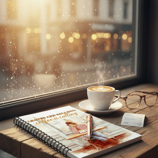 Lifestyle mockup of an autumn-themed spiral notebook on a wooden café table. The cover features a watercolor illustration of a woman at a café with the quote 'Leaves Are Falling, Coffee Is Calling.' Next to the notebook is a white cup of coffee, a rose gold pen, and glasses against a rainy window background.