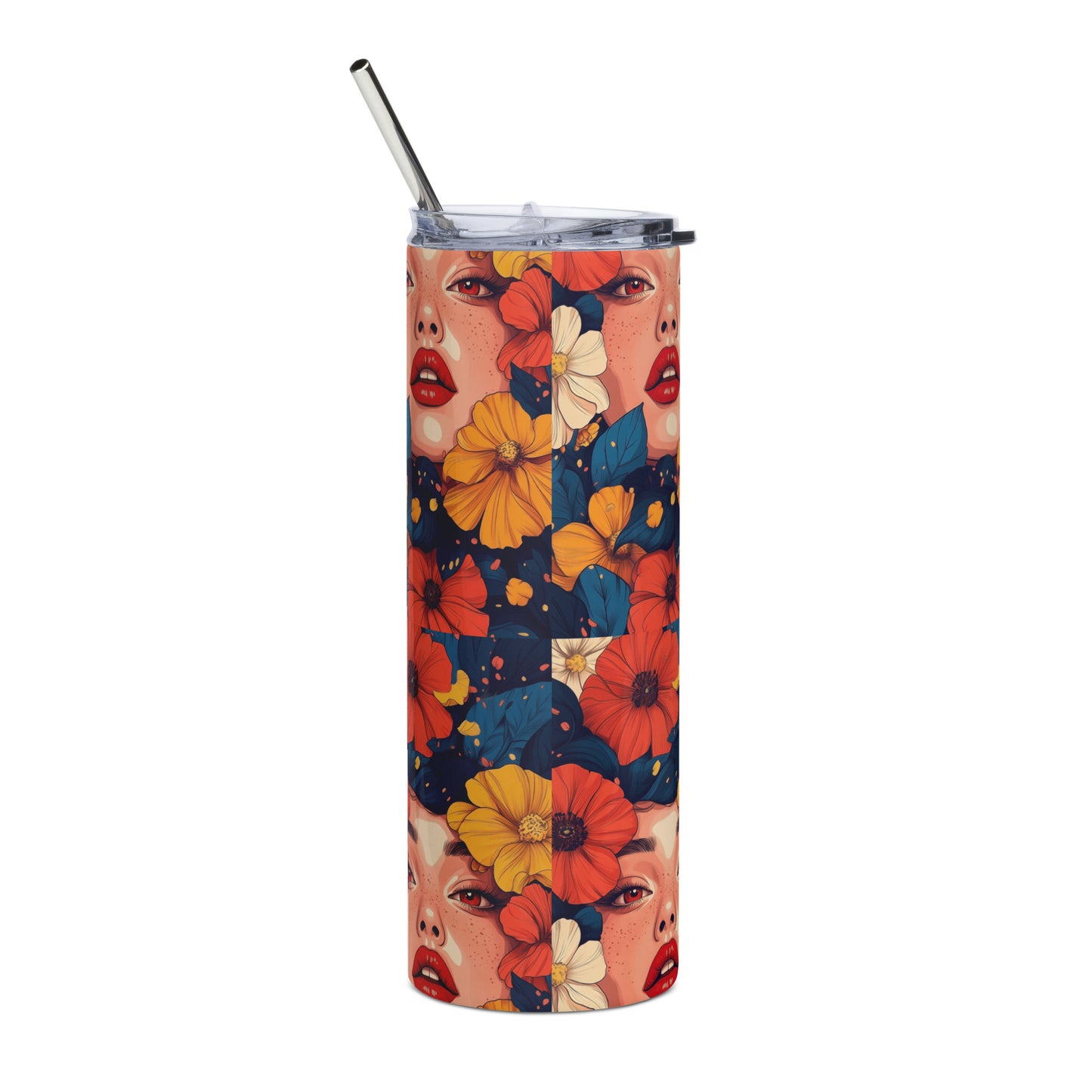 Slim stainless steel tumbler featuring a bold illustration of a woman among vibrant orange flowers.