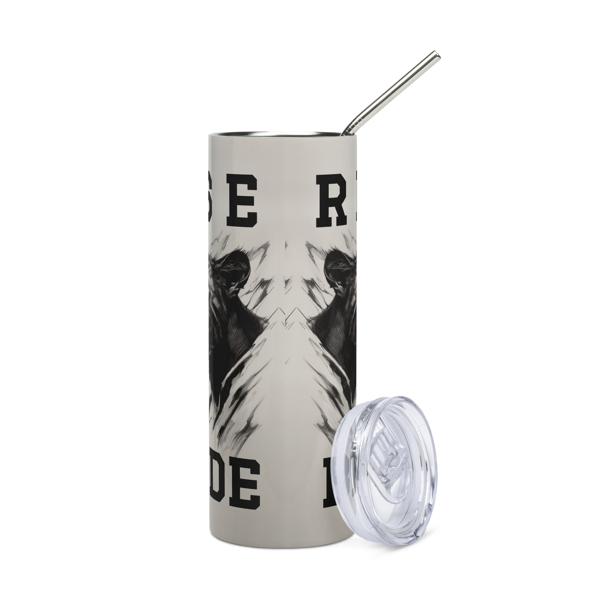 White stainless steel tumbler featuring a bold black panther illustration and "Release the Beast Mode" typography, shown with a metal straw.