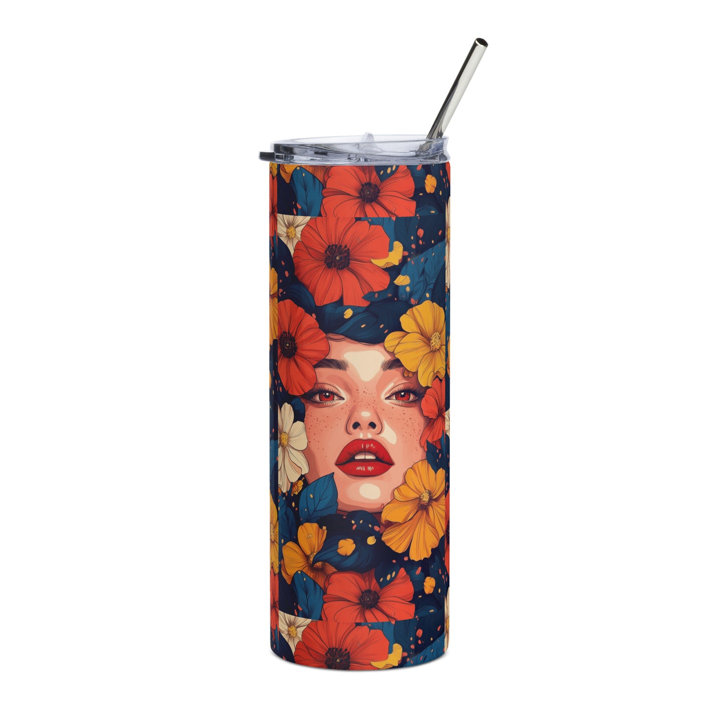 Slim stainless steel tumbler featuring a bold illustration of a woman among vibrant orange flowers.