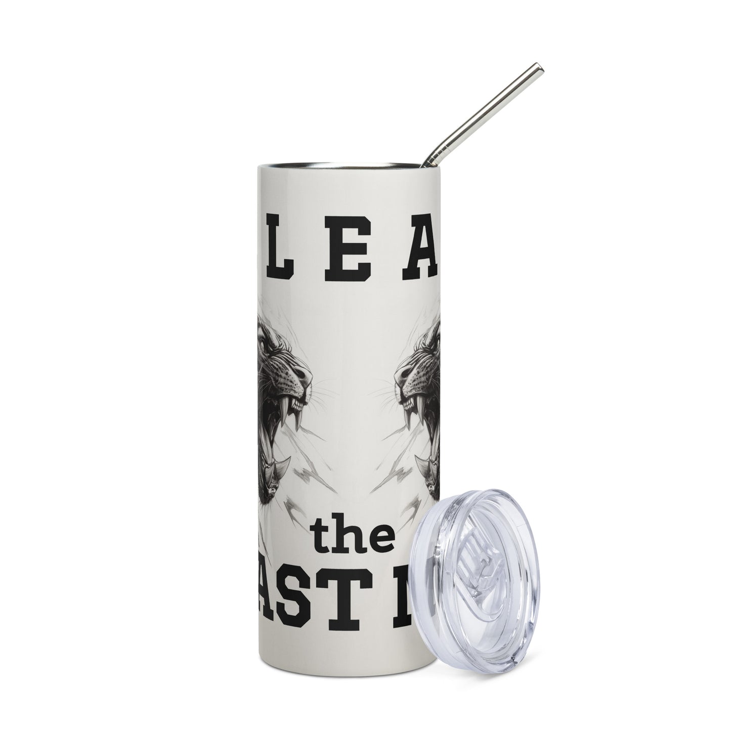 White stainless steel tumbler featuring a bold black panther illustration and "Release the Beast Mode" typography, shown with a metal straw.