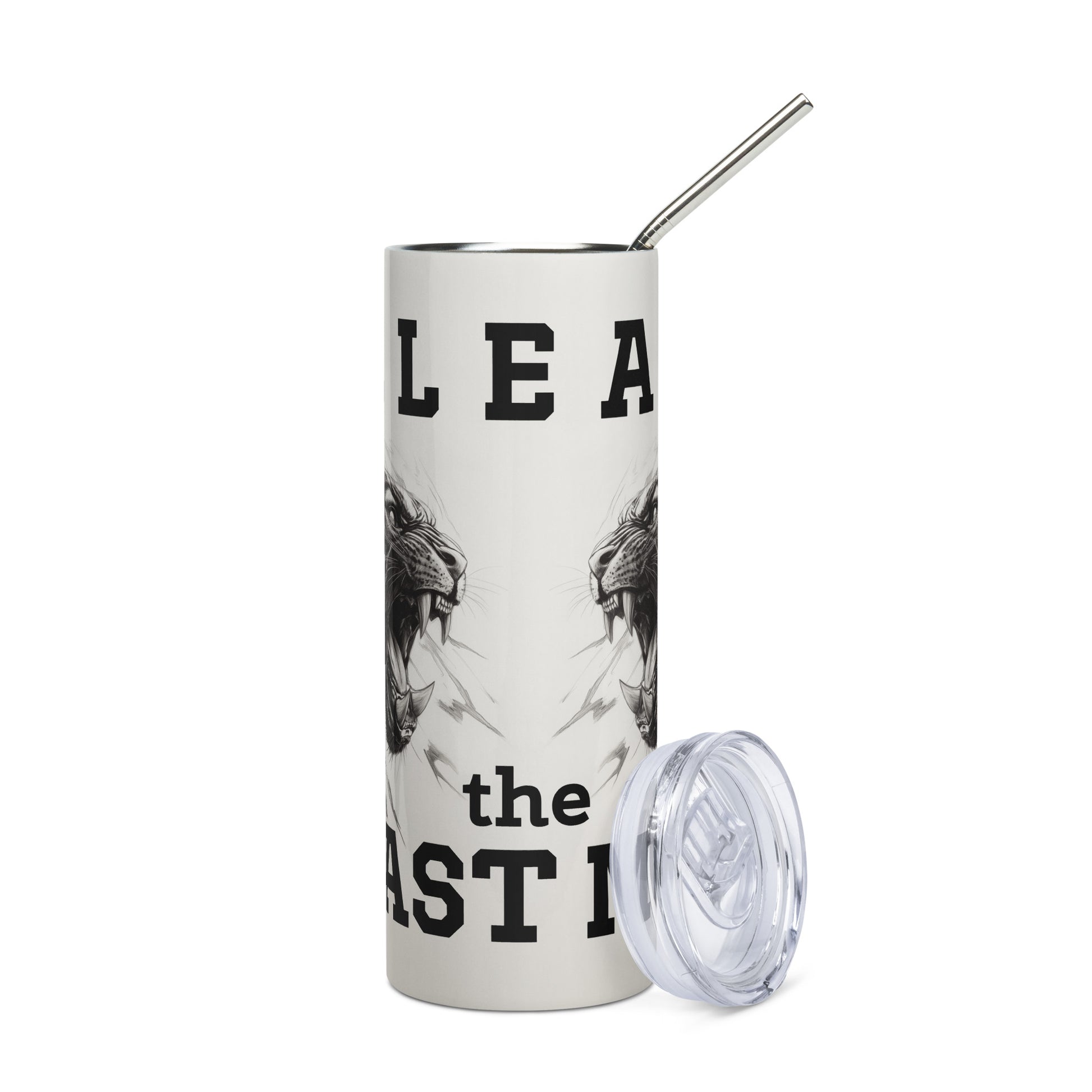 White stainless steel tumbler featuring a bold black panther illustration and "Release the Beast Mode" typography, shown with a metal straw.