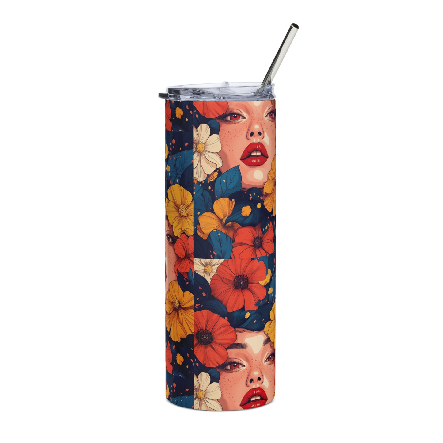 Slim stainless steel tumbler featuring a bold illustration of a woman among vibrant orange flowers.