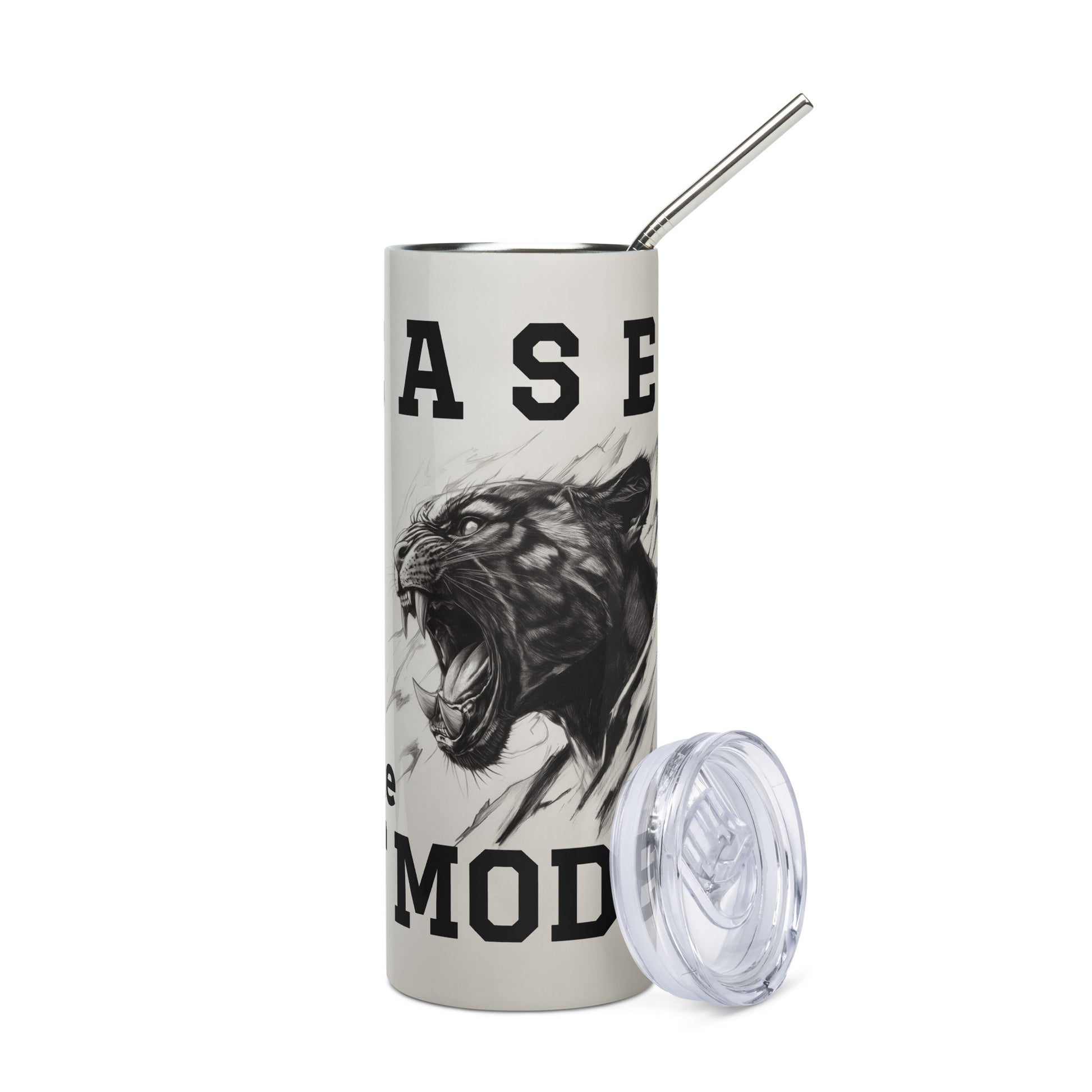 White stainless steel tumbler featuring a bold black panther illustration and "Release the Beast Mode" typography, shown with a metal straw.