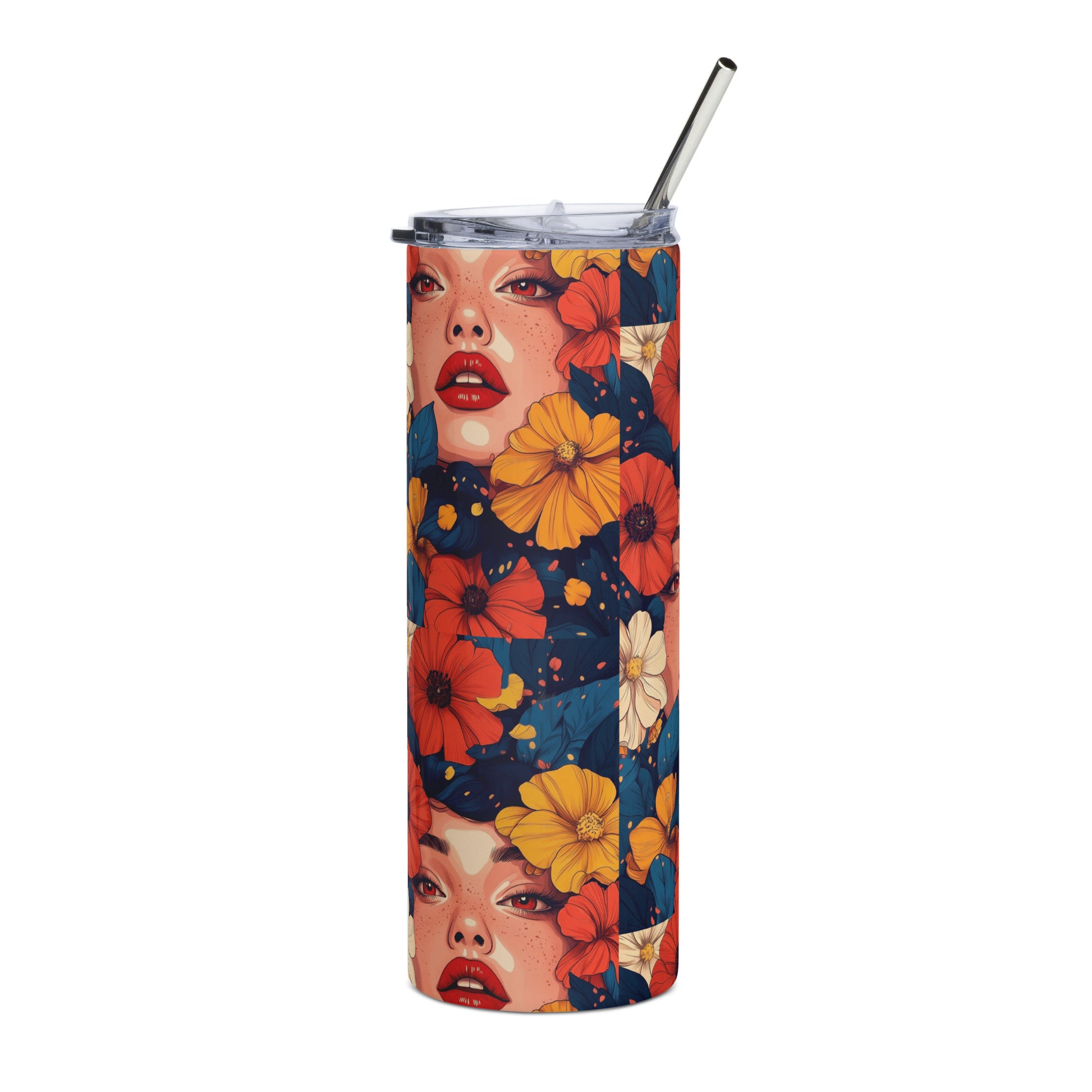Slim stainless steel tumbler featuring a bold illustration of a woman among vibrant orange flowers.