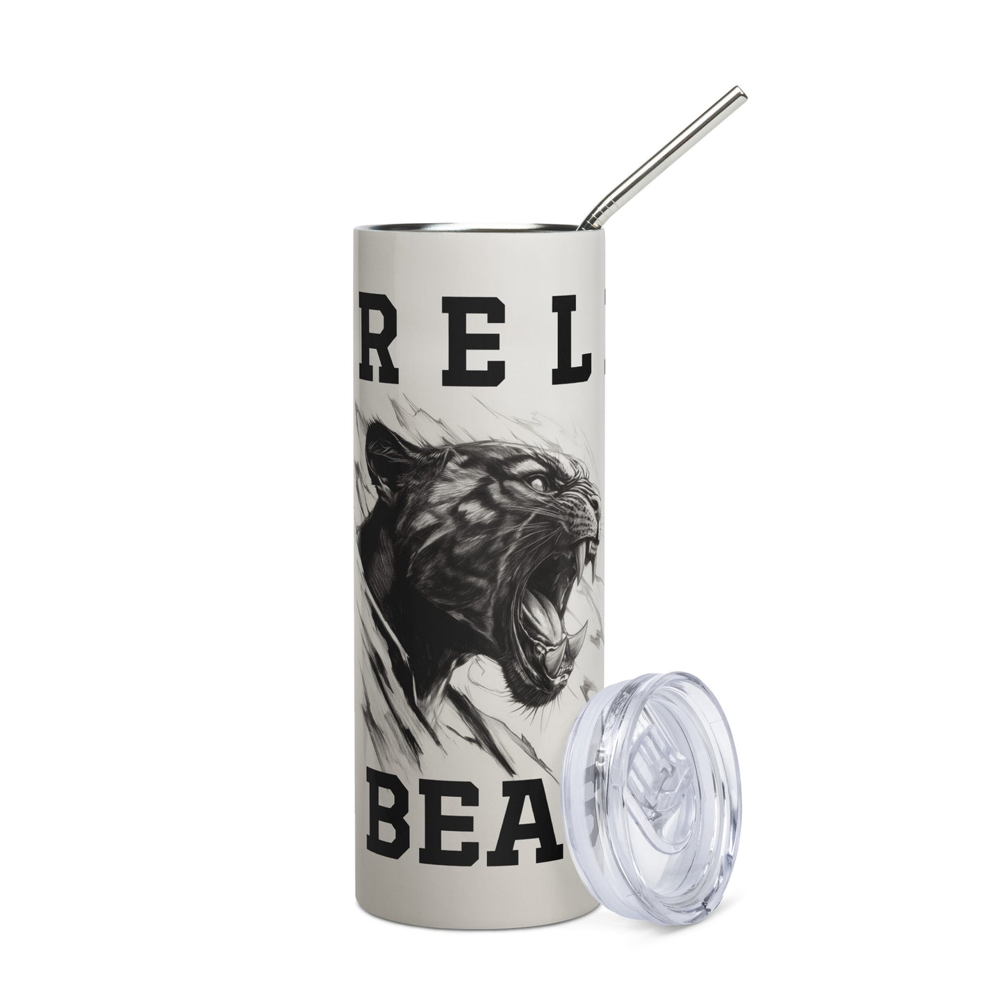 White stainless steel tumbler featuring a bold black panther illustration and "Release the Beast Mode" typography, shown with a metal straw.