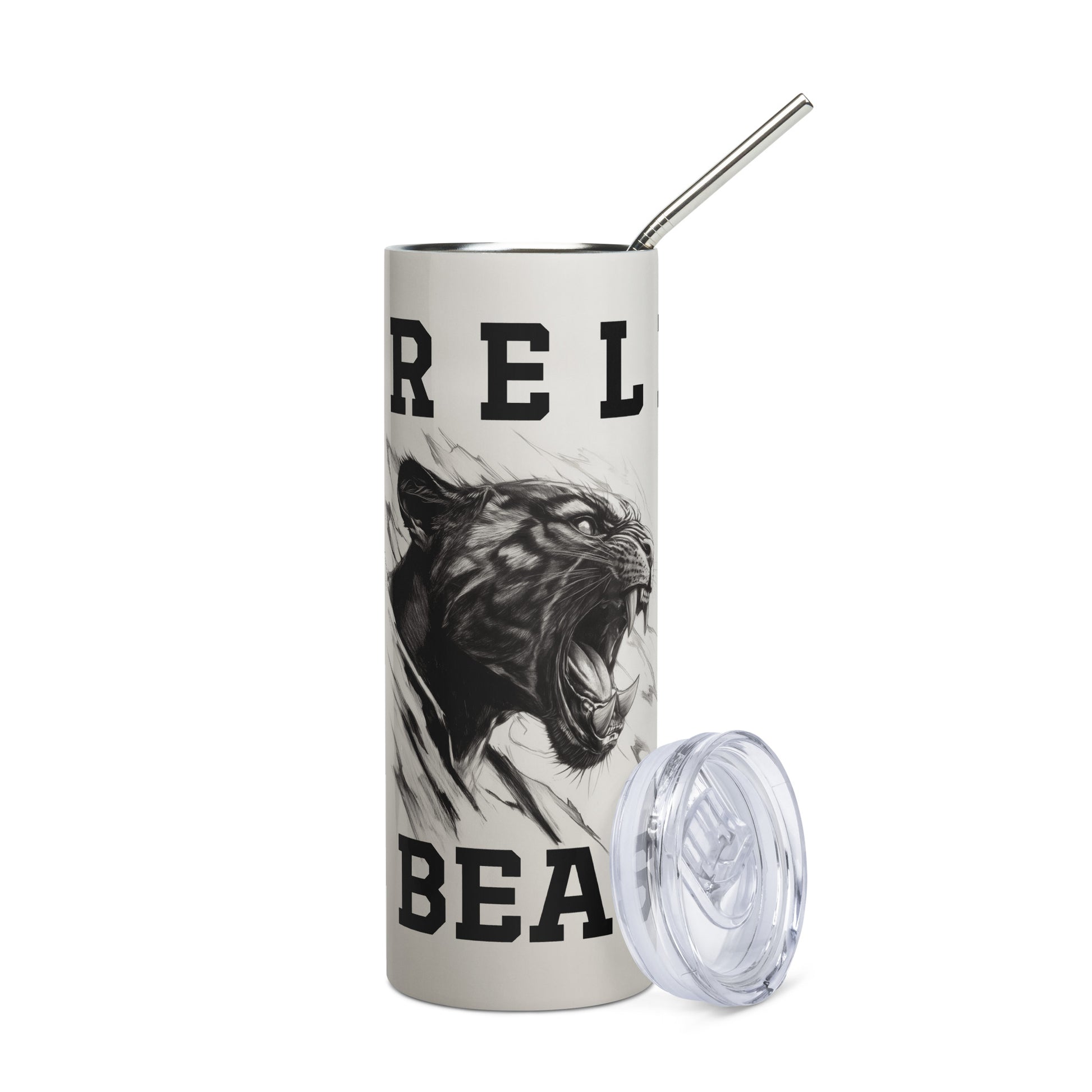 White stainless steel tumbler featuring a bold black panther illustration and "Release the Beast Mode" typography, shown with a metal straw.