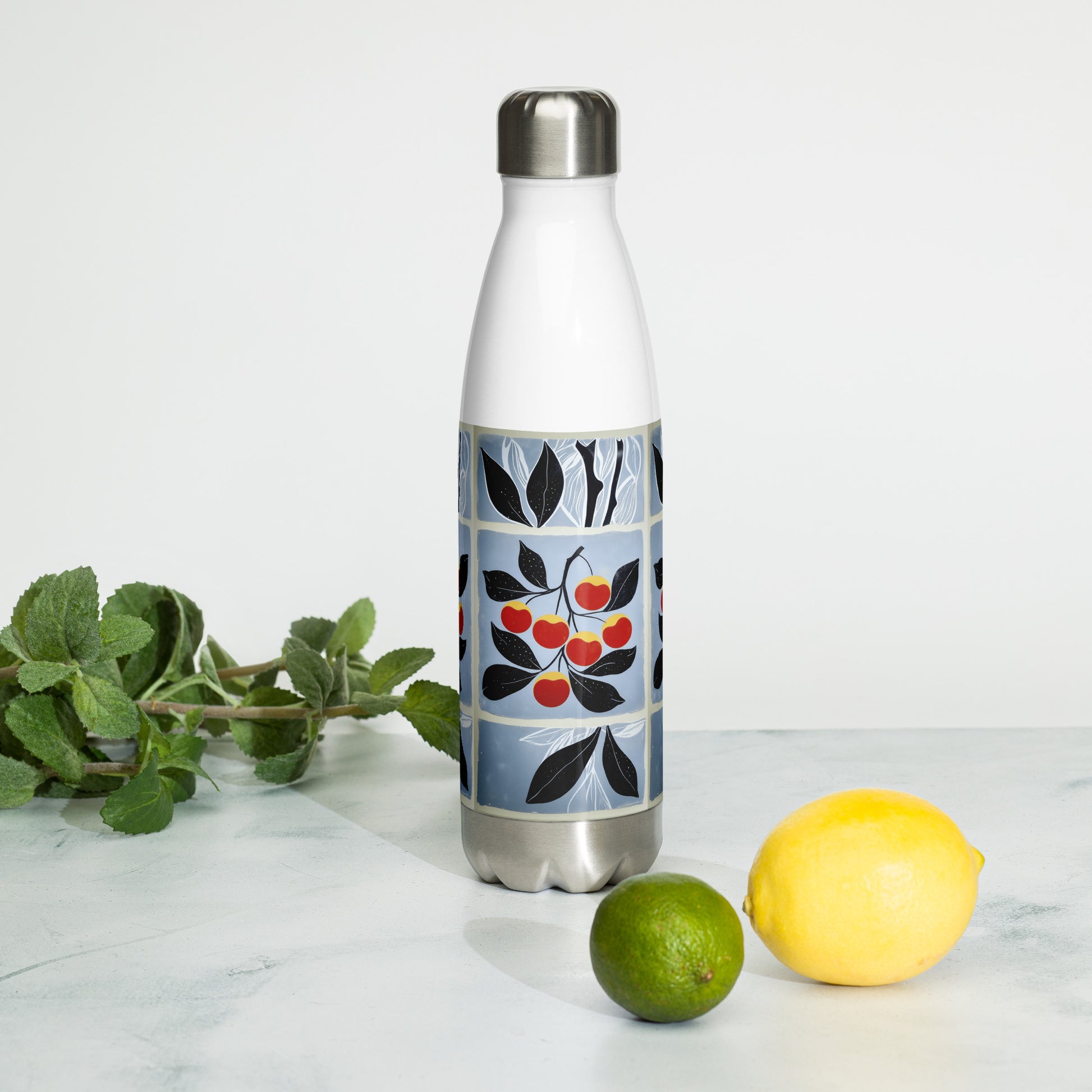 Sleek white stainless steel water bottle featuring a vertical artistic pattern of red cherries and blue leaves.