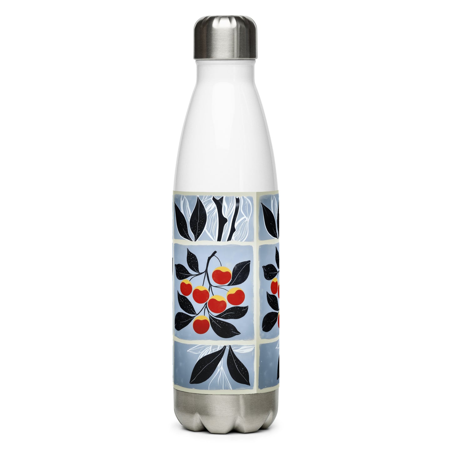 White water bottle with red cherries design on a blue background by Sweet and Savage. 