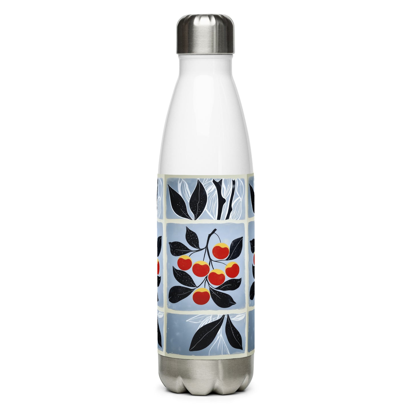 Sleek white stainless steel water bottle featuring a vertical artistic pattern of red cherries and blue leaves.