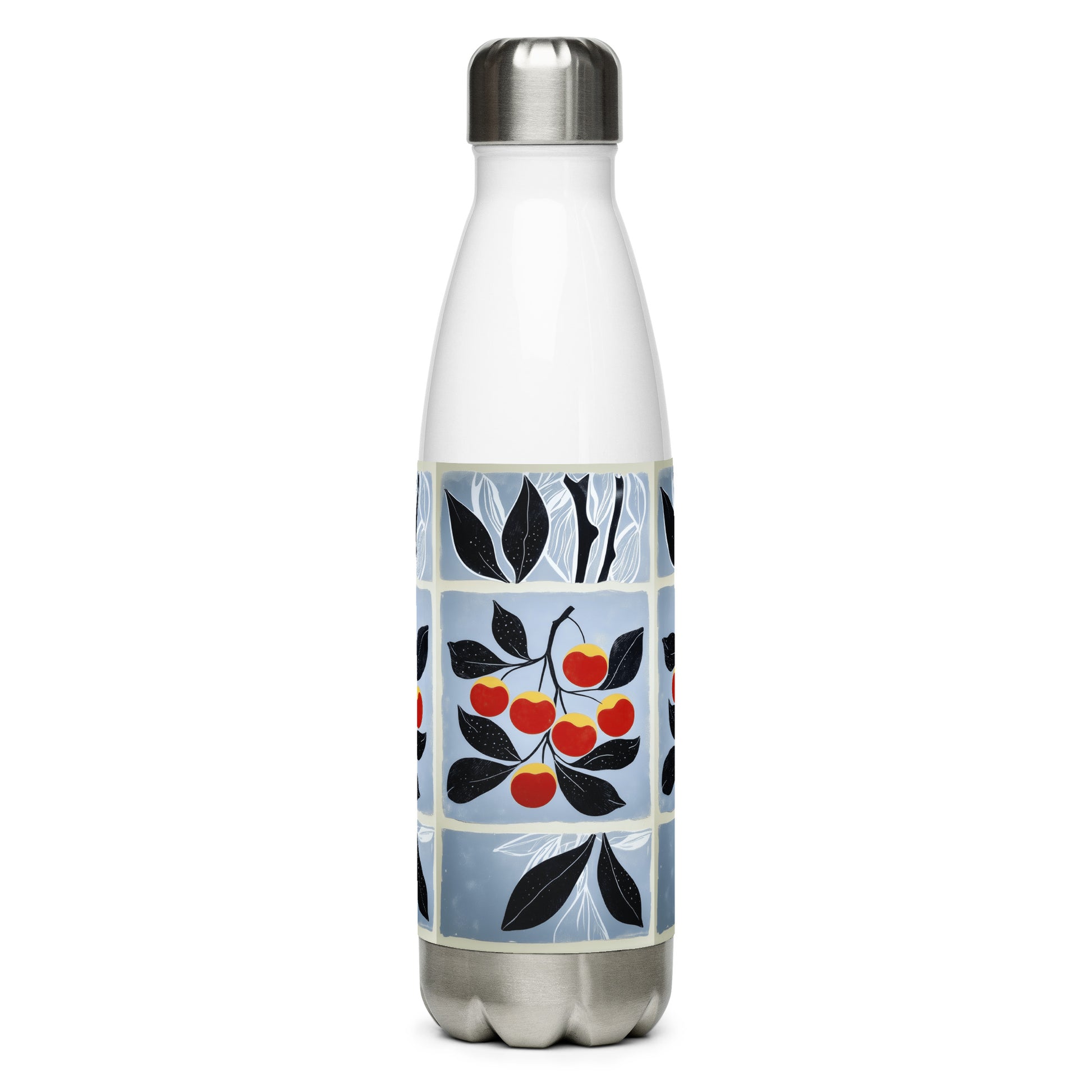 Sleek white stainless steel water bottle featuring a vertical artistic pattern of red cherries and blue leaves.