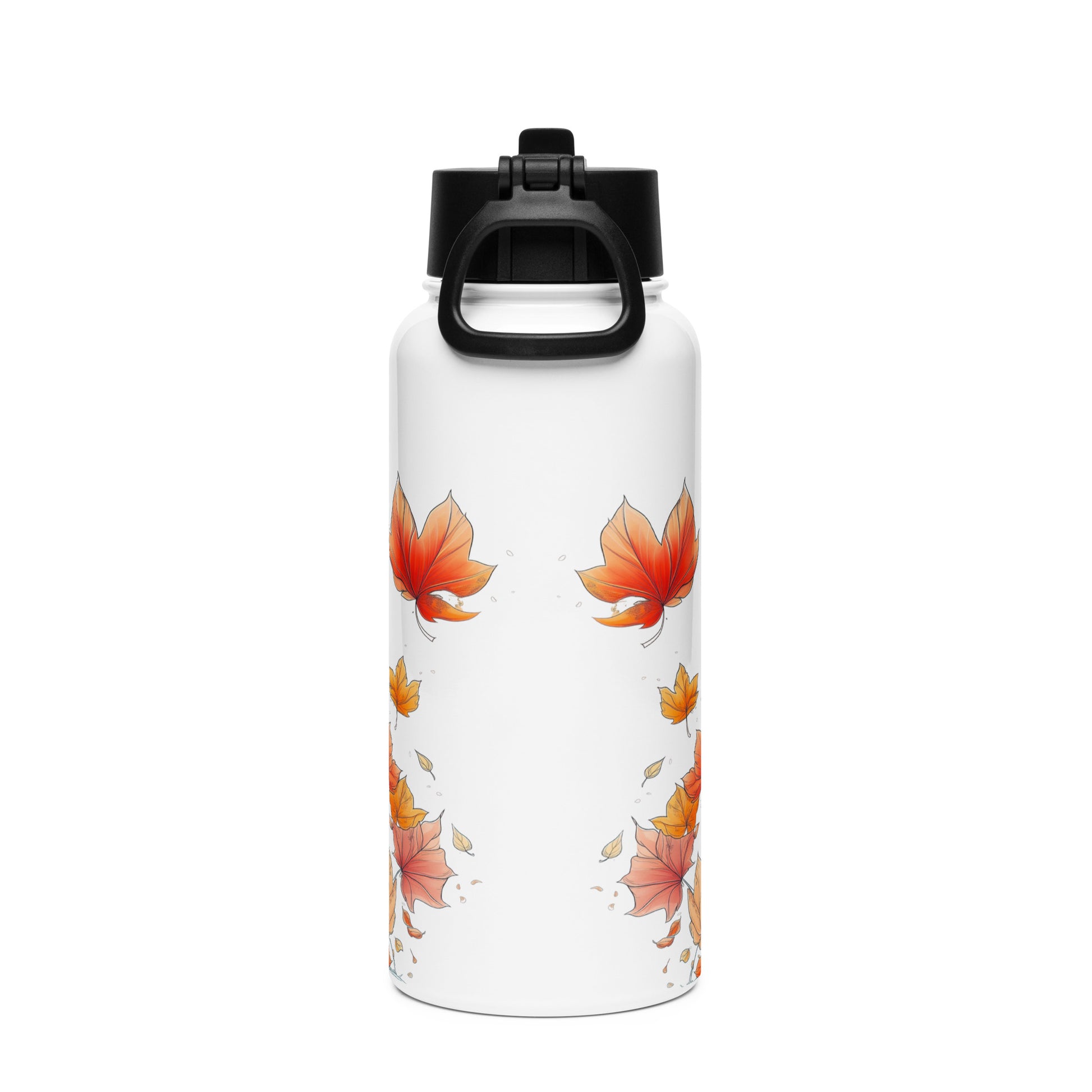 A white insulated water bottle with a black flip-top lid and carrying loop, decorated with a repeating pattern of orange and pink autumn maple leaves.