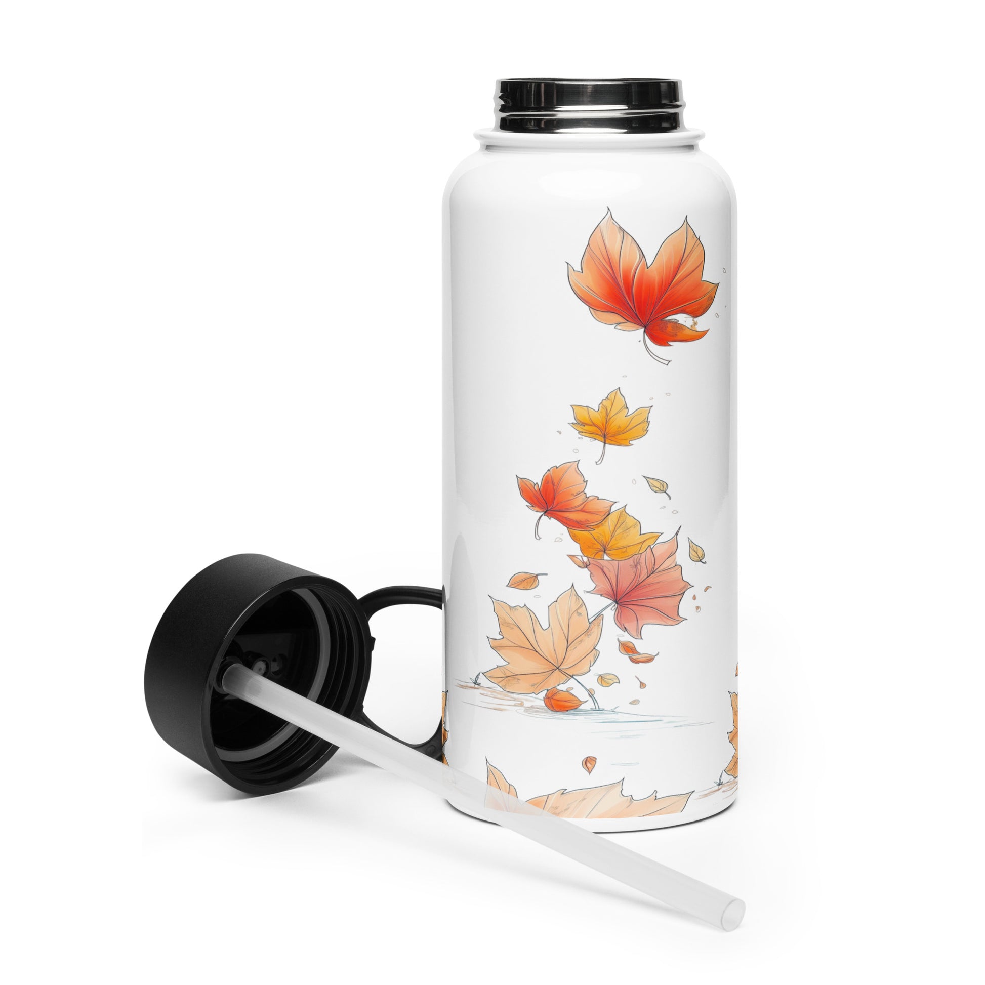 A white insulated water bottle with a black lid and clear straw, decorated with a graphic of falling orange and yellow autumn leaves by Sweet & Savage, shown on a white background.