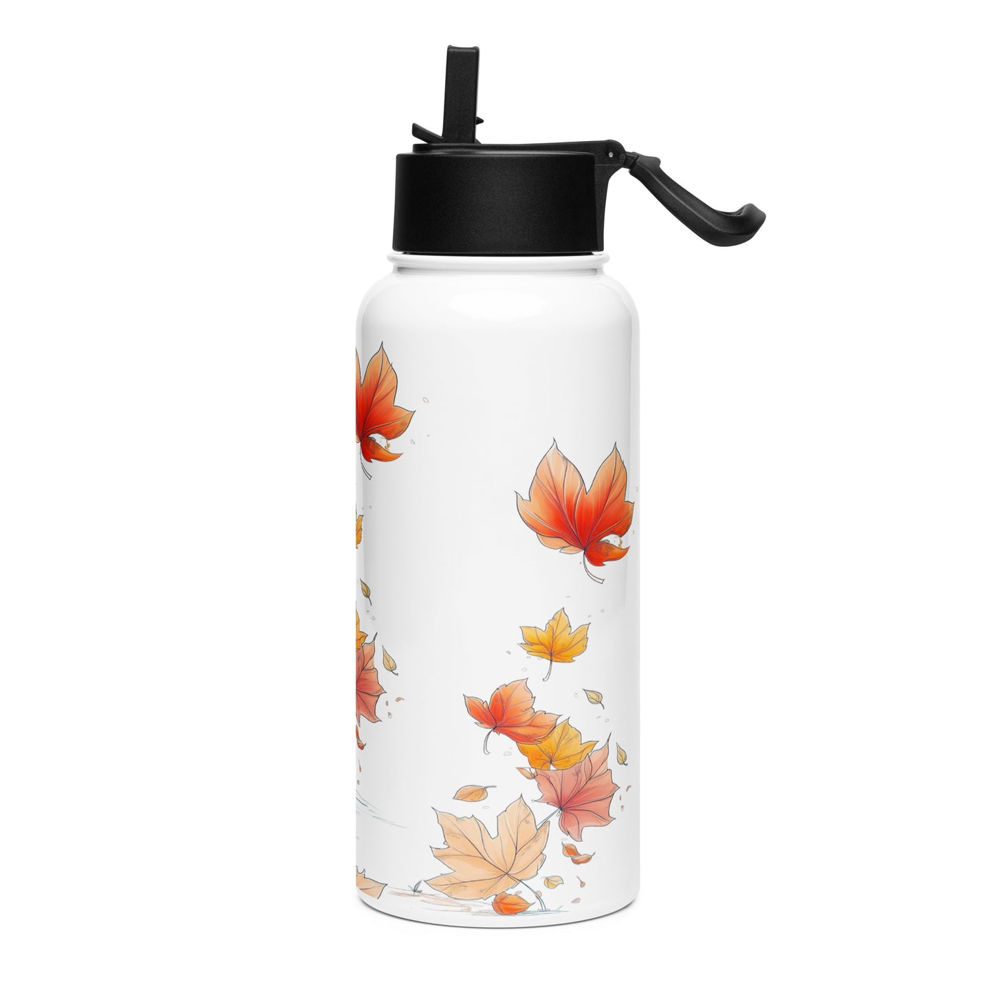 A white insulated water bottle with a black flip-straw lid, decorated with a pattern of orange, red, and yellow autumn maple leaves by Sweet & Savage, shown on a plain white background.