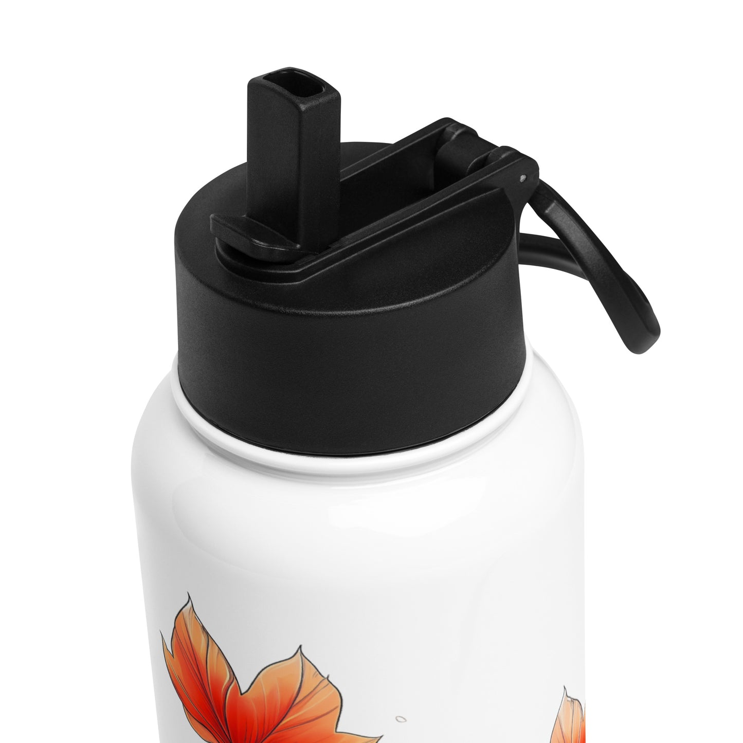 A close-up of a white insulated water bottle with a black flip-straw lid and a partial orange maple leaf illustration near the bottom, shown on a white background.