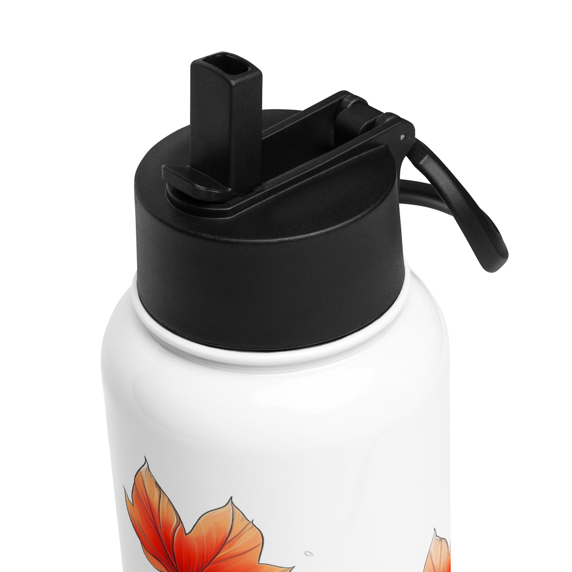 A close-up of a white insulated water bottle with a black flip-straw lid and a partial orange maple leaf illustration near the bottom, shown on a white background.