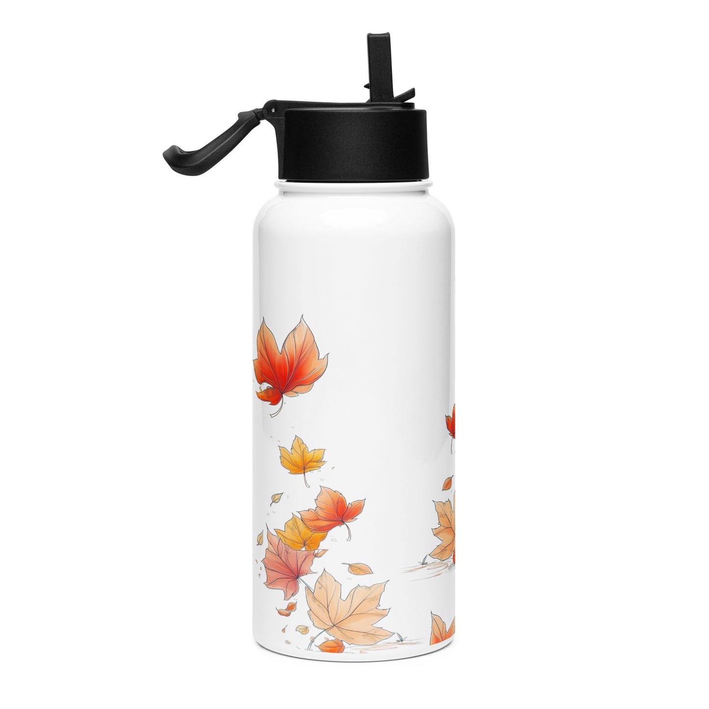A white insulated water bottle with a black flip-top lid and a printed pattern of orange, yellow, and peach autumn leaves by Sweet & Savage, shown on a plain white background.