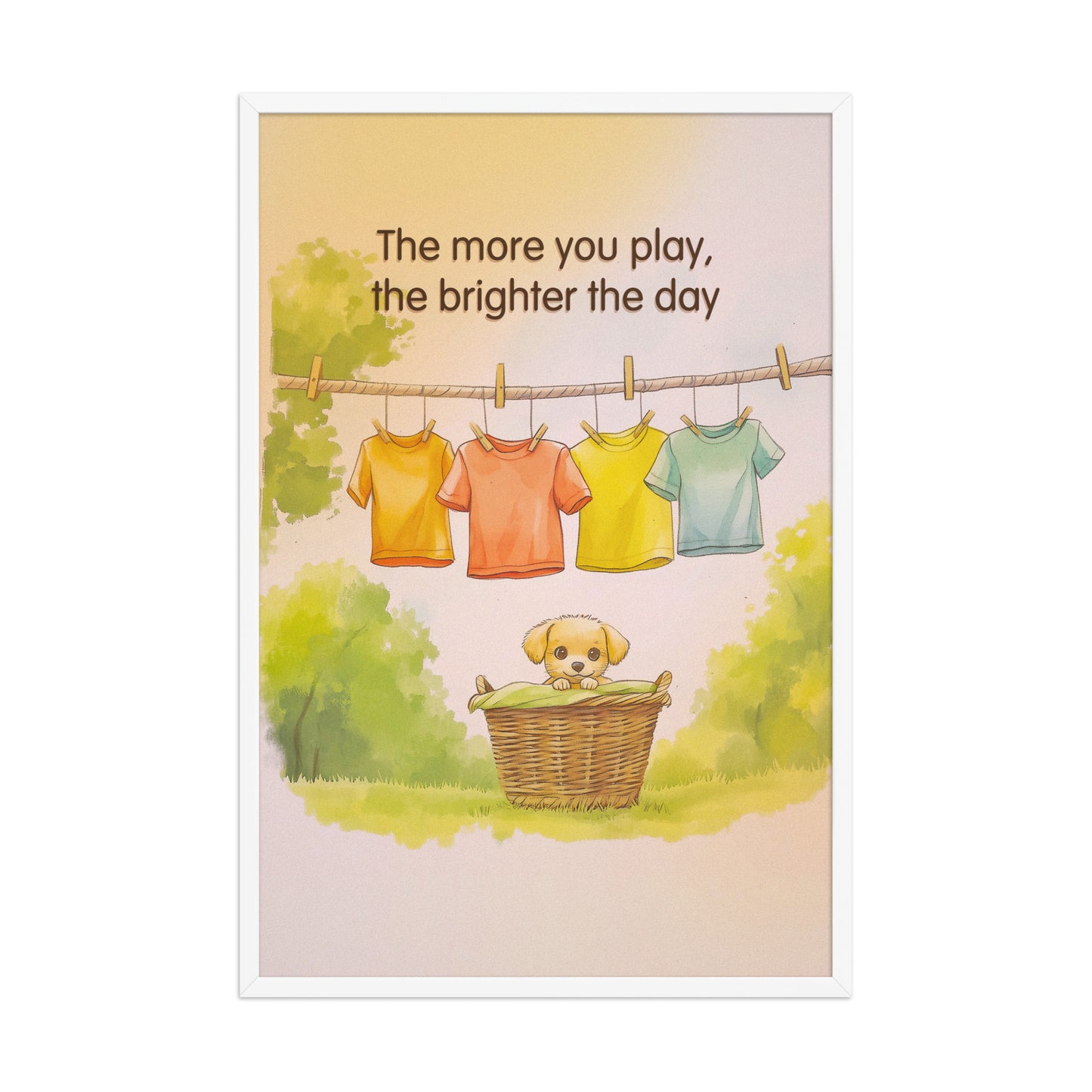 The More You Play framed poster by Sweet and Savage featuring a cute puppy sitting in a wicker laundry basket surrounded by colorful clothes.