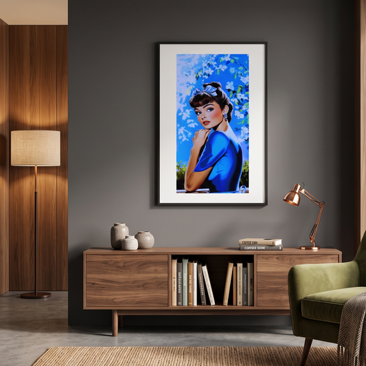 A framed vertical art print of Audrey Hepburn in a blue dress against a blue floral background, displayed on a dark gray wall in a modern living room setting above a wooden console table.