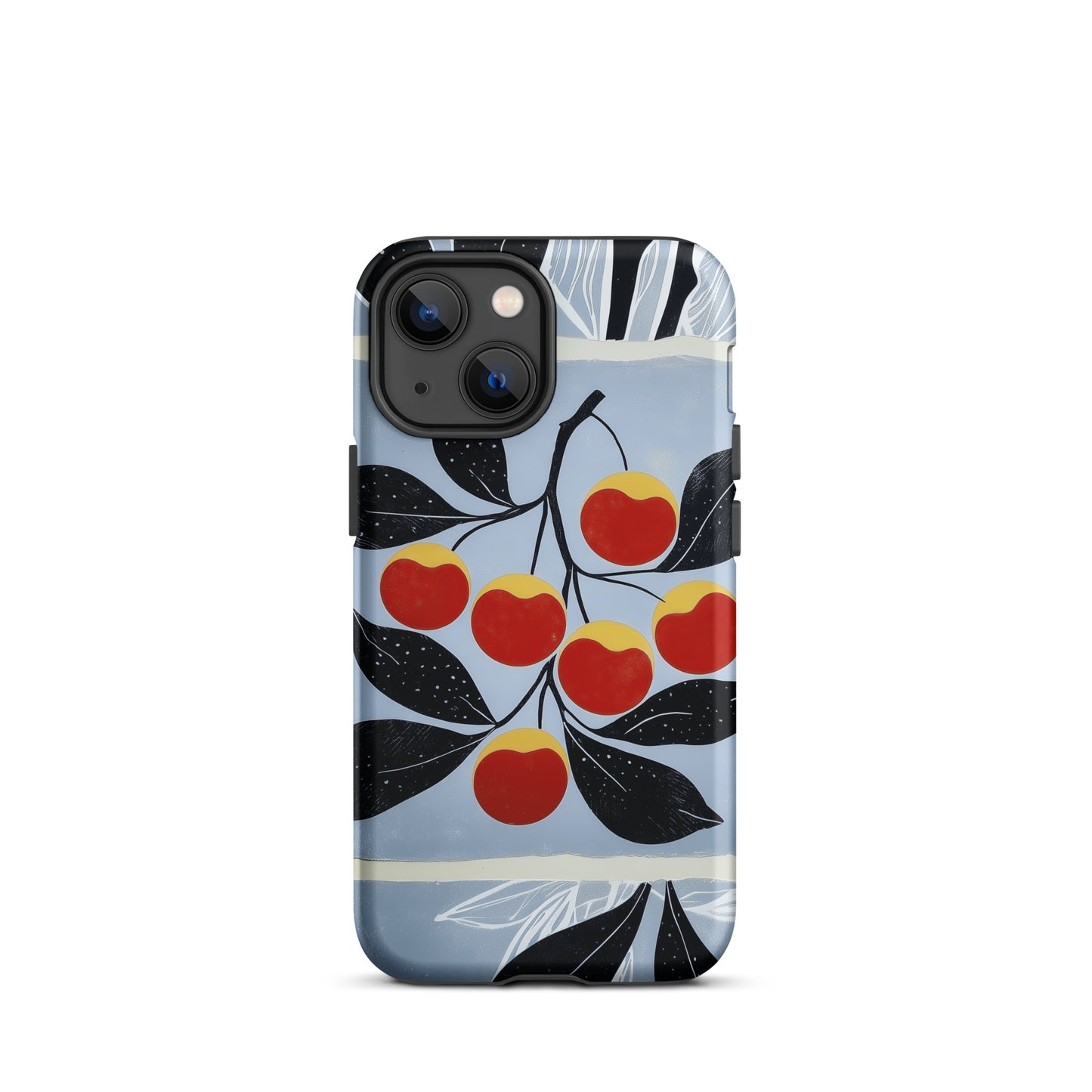 iPhone tough case with cherry design on a light blue background by Sweet and Savage. 