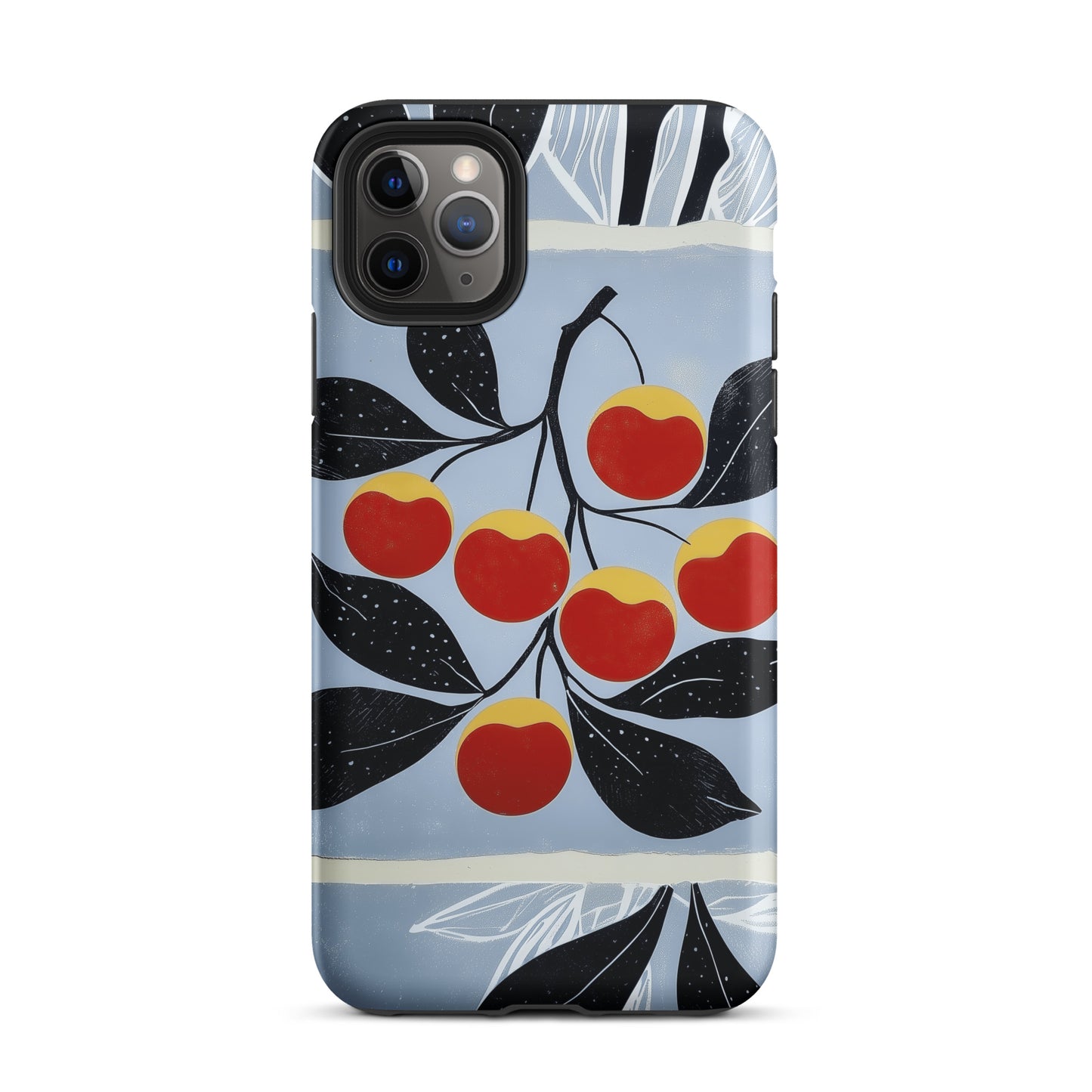 iPhone tough case with cherry design on a light blue background by Sweet and Savage. 