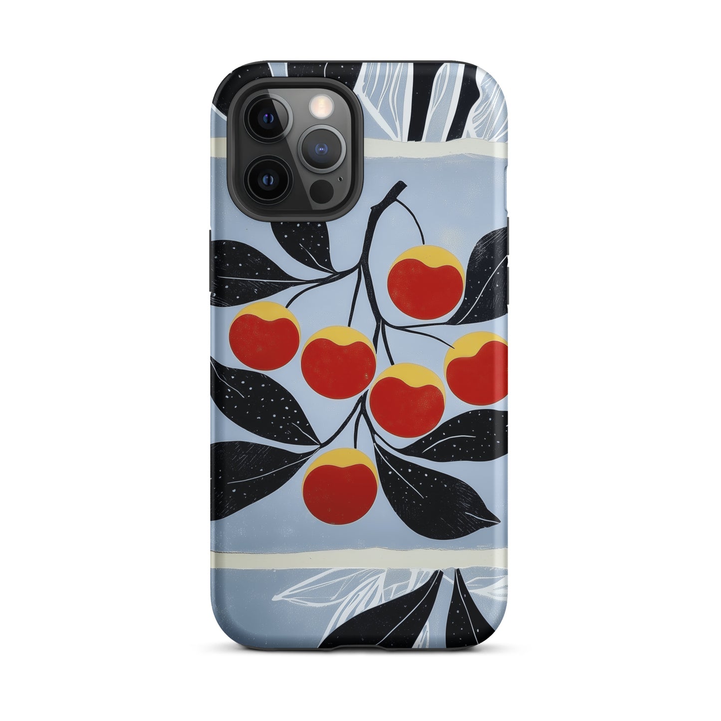 iPhone tough case with cherry design on a light blue background by Sweet and Savage. 